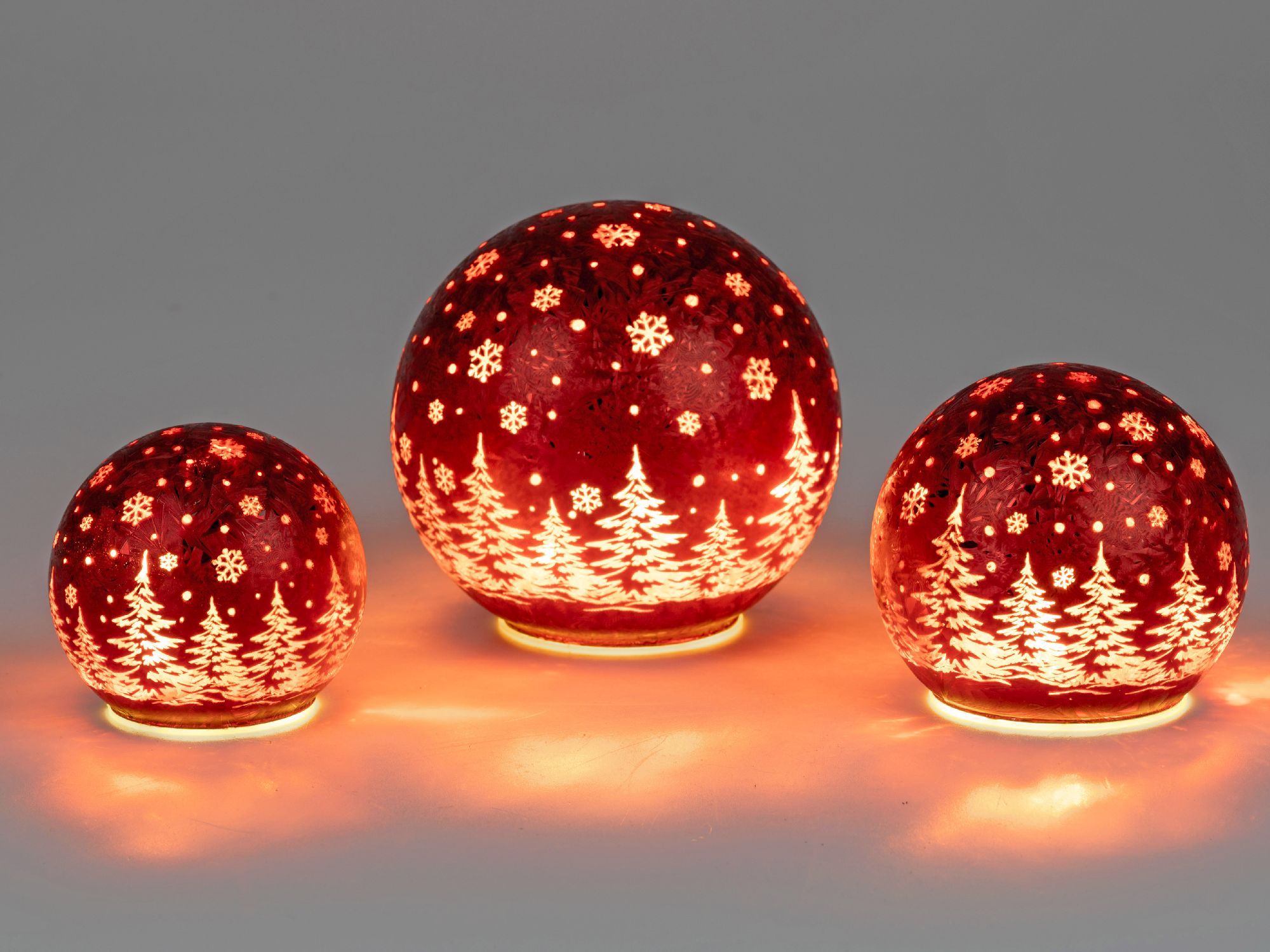 3 LED Kugellampen FROSTY WINTERWALD rot in unterschiedlichen Größen