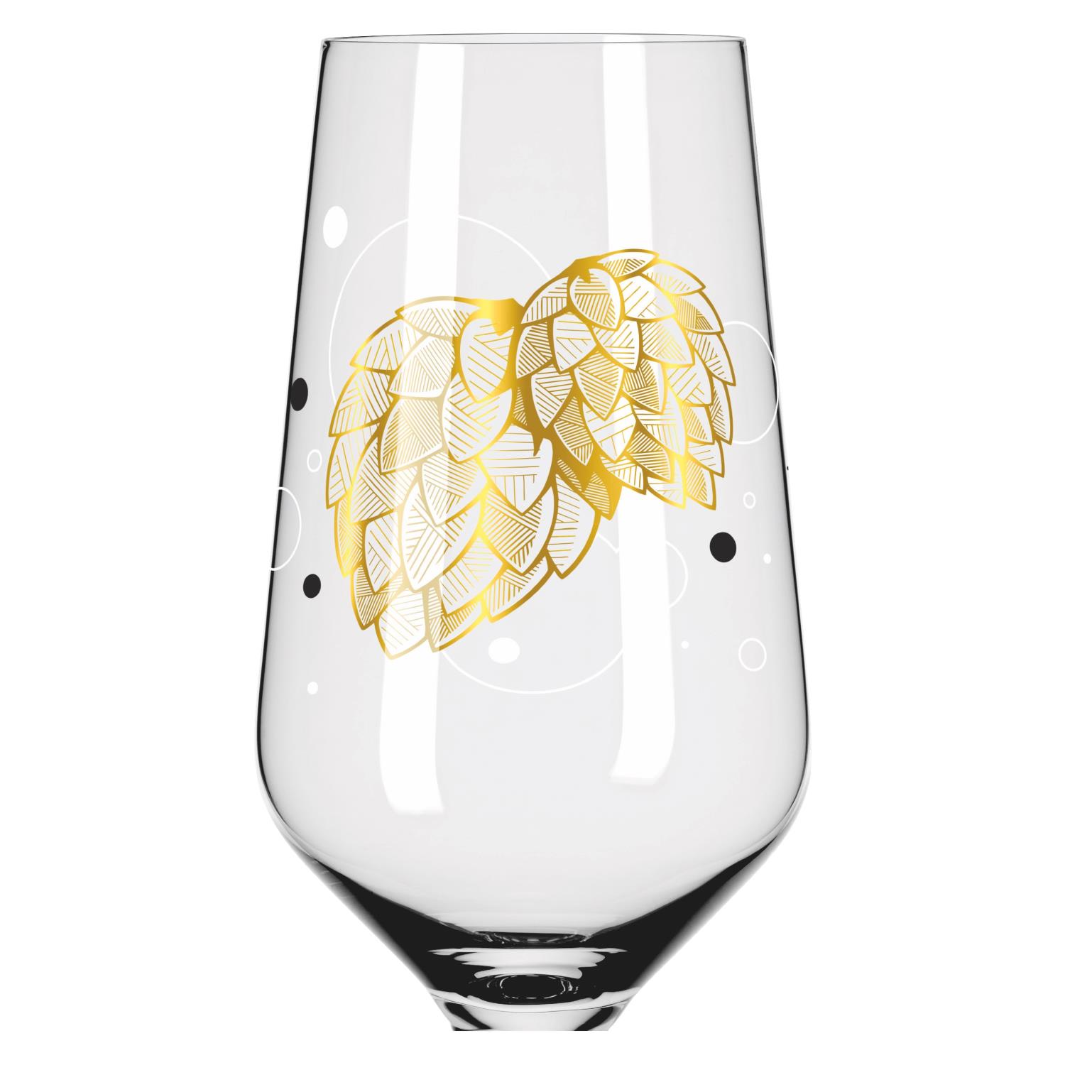 Ein transparentes Glas mit goldfarbener Hopfendekoration und weißen sowie schwarzen Kreisen.