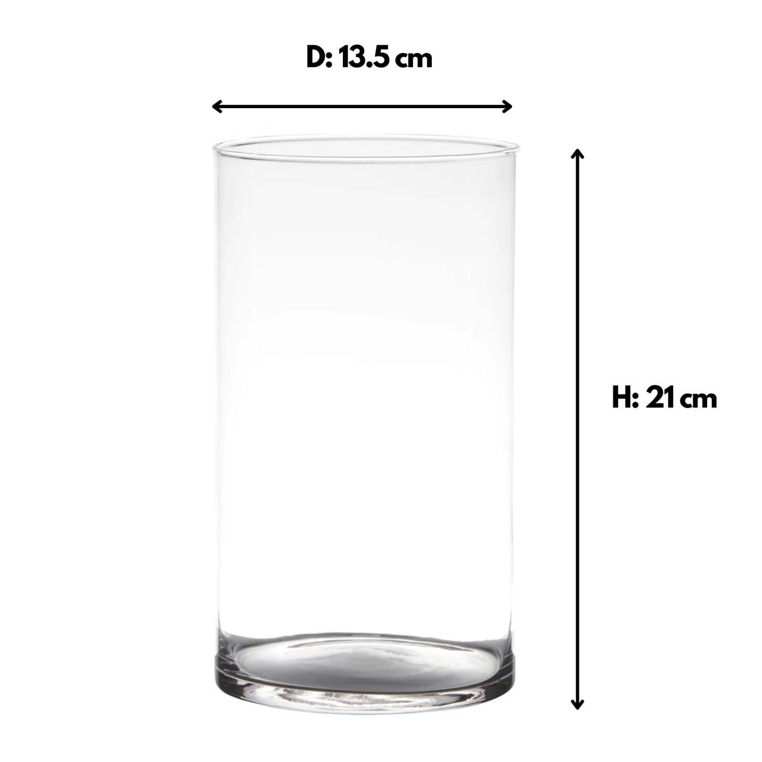 Durchsichtiger Glasbehälter mit einem Durchmesser von 13,5 cm und einer Höhe von 21 cm.