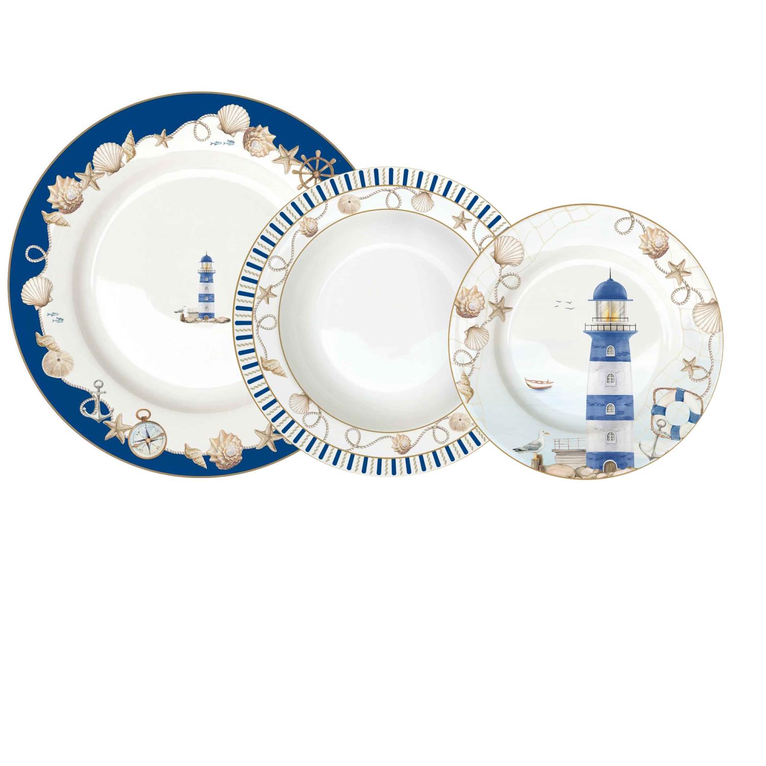 Drei Teller in verschiedenen Designs: einer mit Leuchtturm, einer mit maritimen Motiven und einer in Blau mit Muscheln.