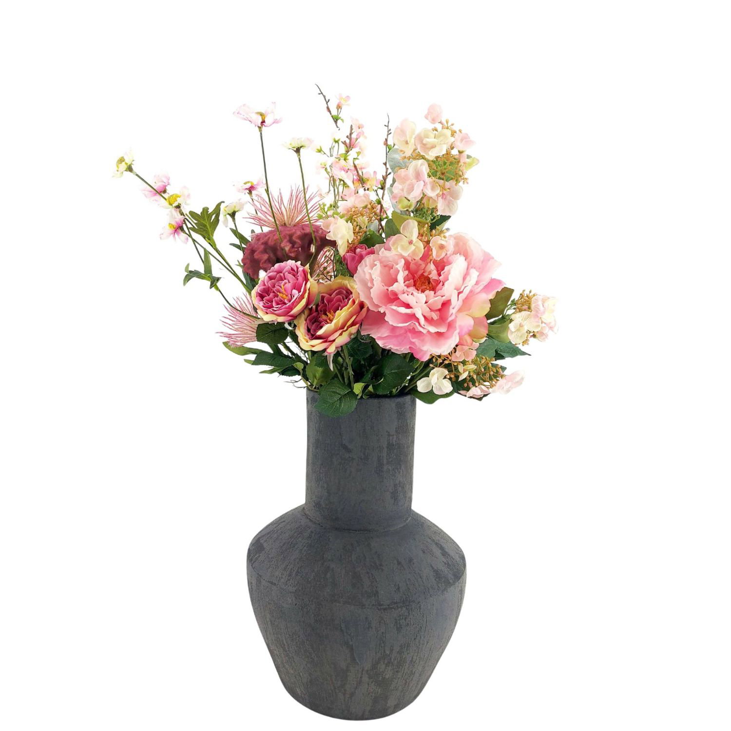 Vase mit bunten Blumen in verschiedenen Farben und Formen