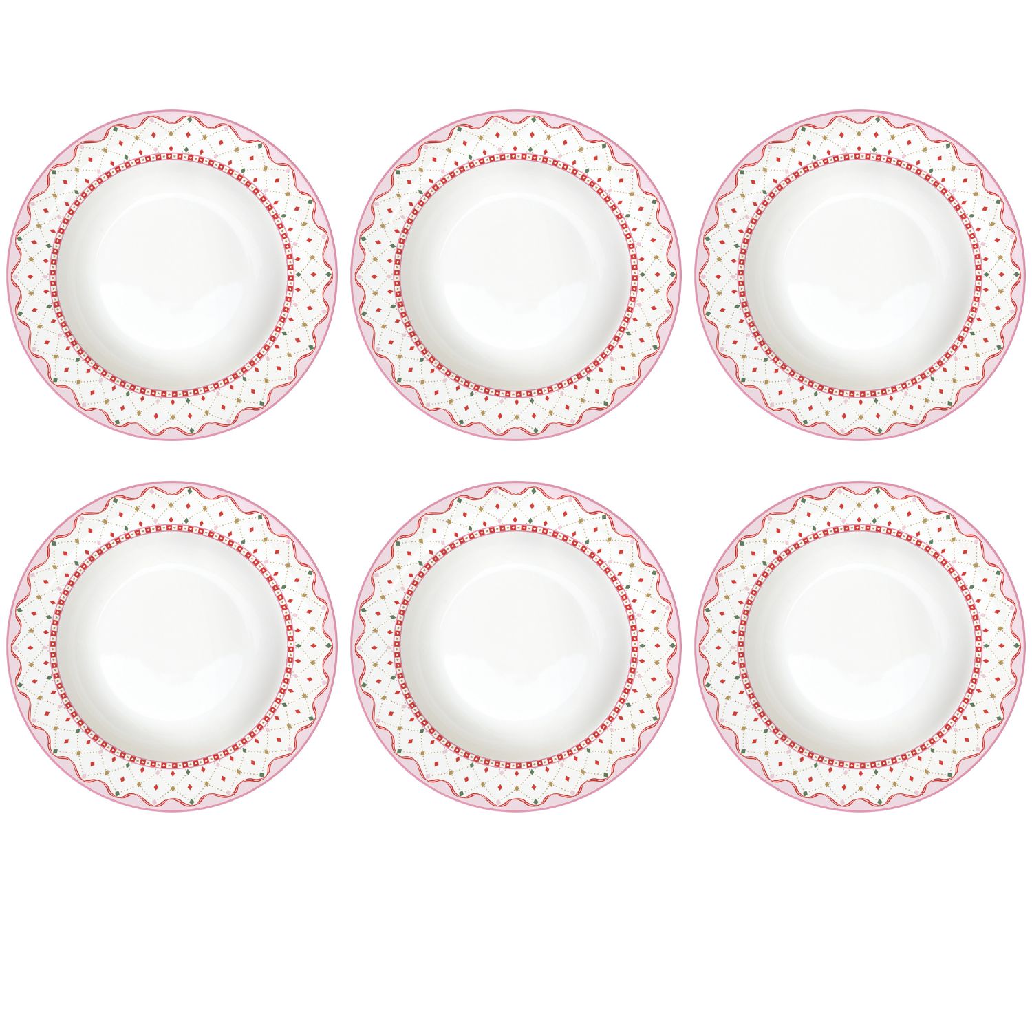 6 weiße Suppenteller mit rosafarbenem Rand, kleinen Herzen und Rauten