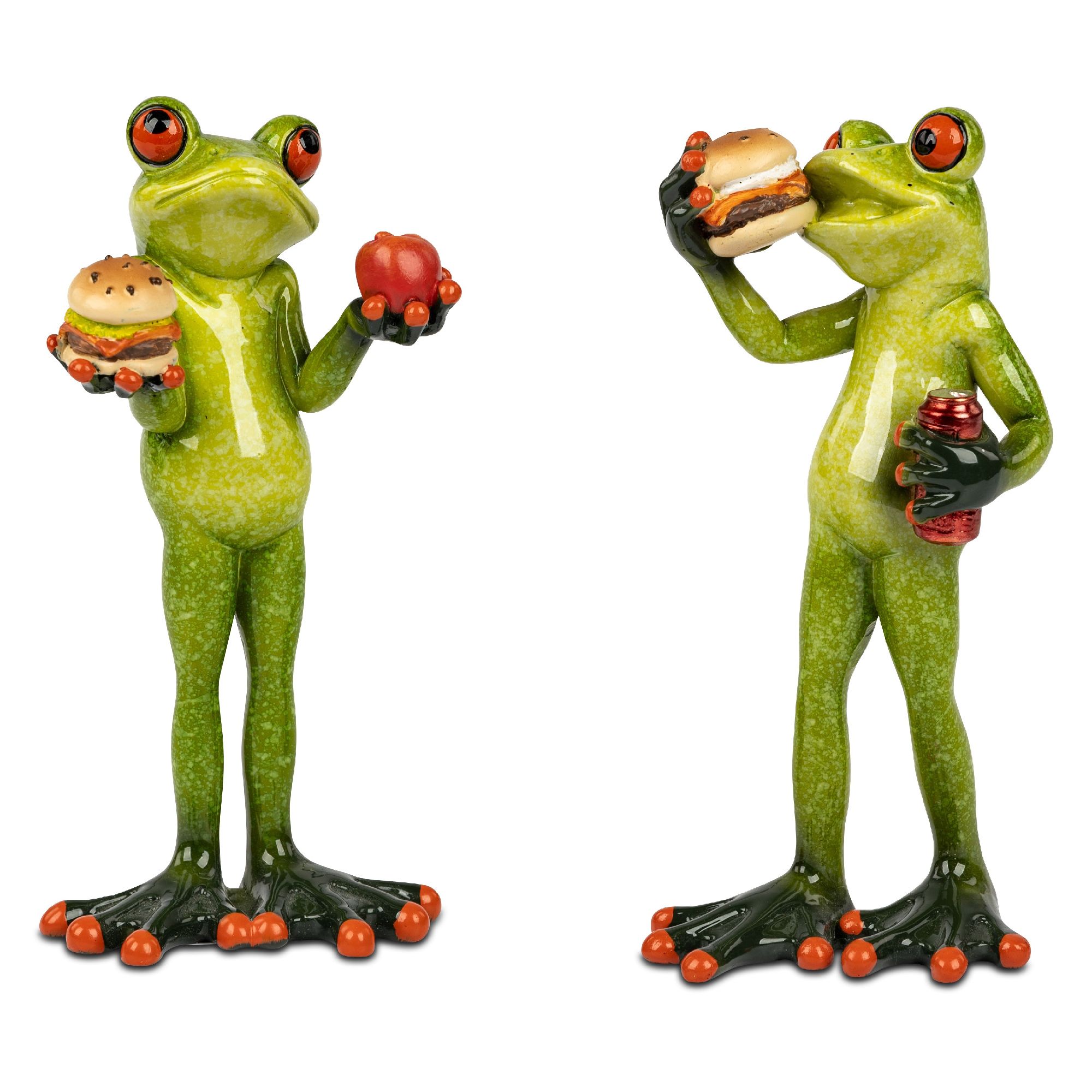 Zwei grüne Frösche stehen nebeneinander. Einer hält einen Hamburger und einen Apfel, der andere eine Flasche Ketchup und einen Hamburger.