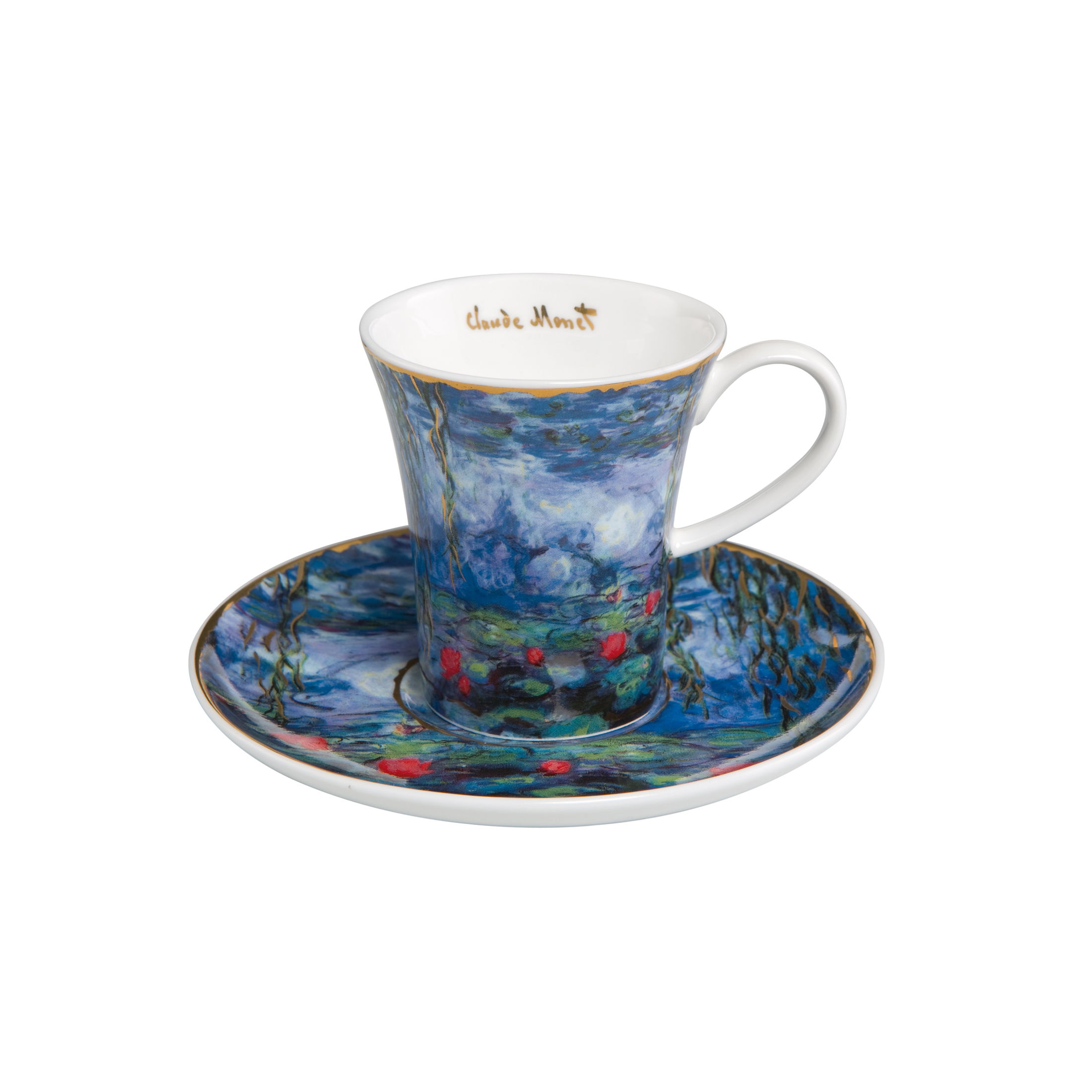 Tasse mit Untertasse, verziert mit einem blauen, impressionistischen Muster und roten Seerosen, mit goldenen Akzenten.
