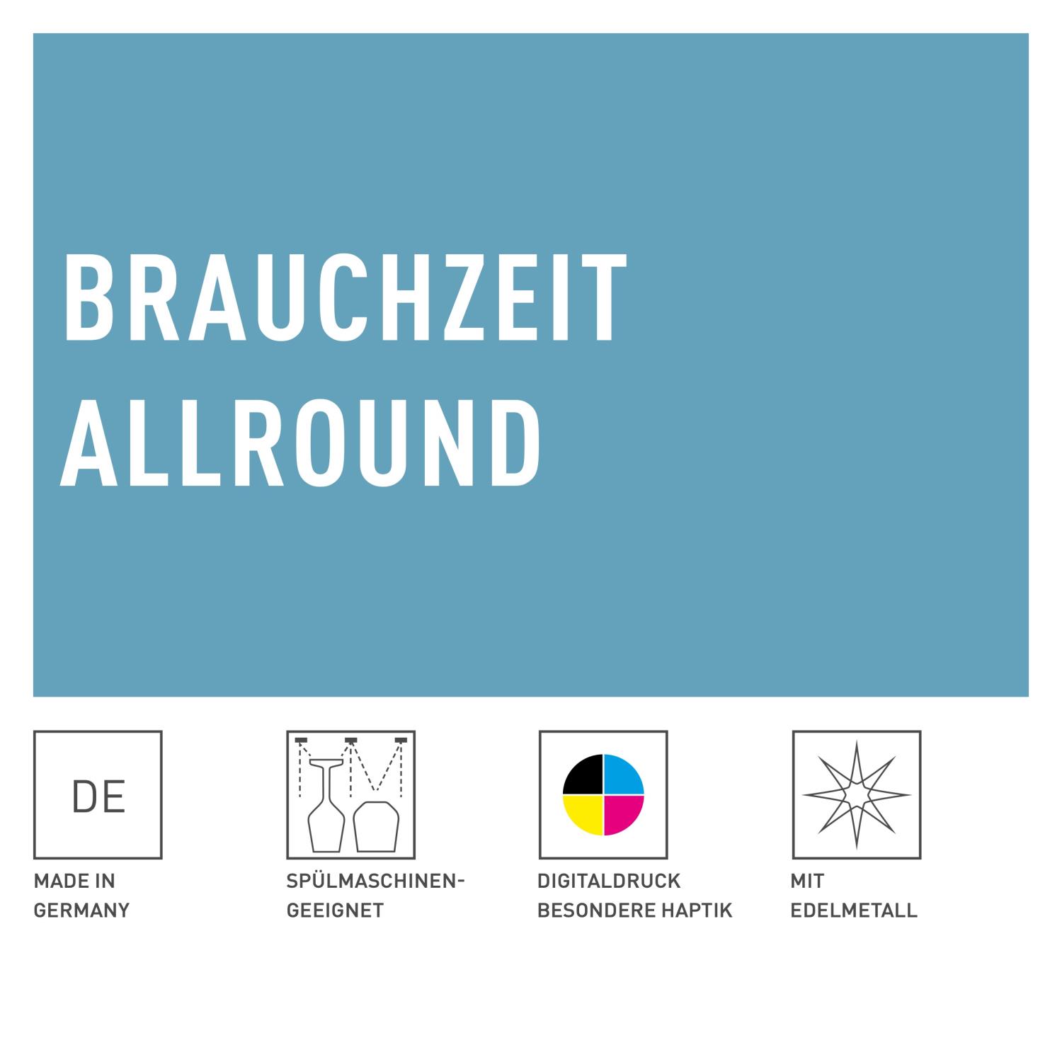 Text auf blauem Hintergrund: "BRAUCHZEIT ALLROUND". Symbole für "Made in Germany", "Spülmaschinen-geeignet", "Digitaldruck", "mit Edelmetall".