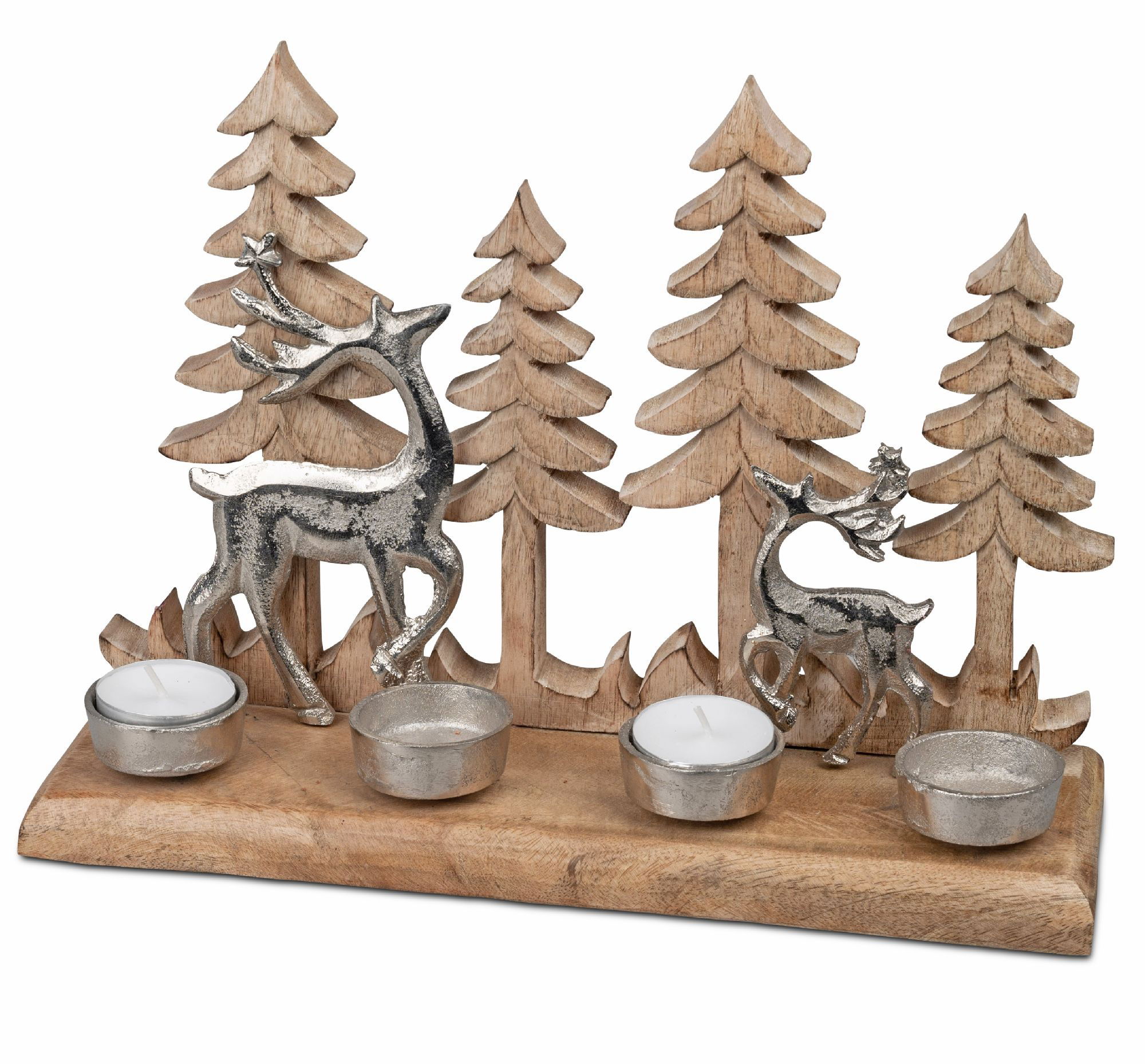 Dekorative Holzfigur mit zwei Rehen und drei Teelichthaltern, umgeben von stilisierten Tannenbäumen.