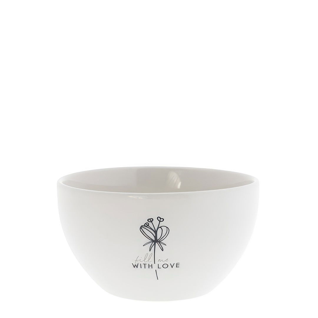 Weiße Schüssel mit einem floralen Motiv und dem Text "fill me with love" auf der Vorderseite.