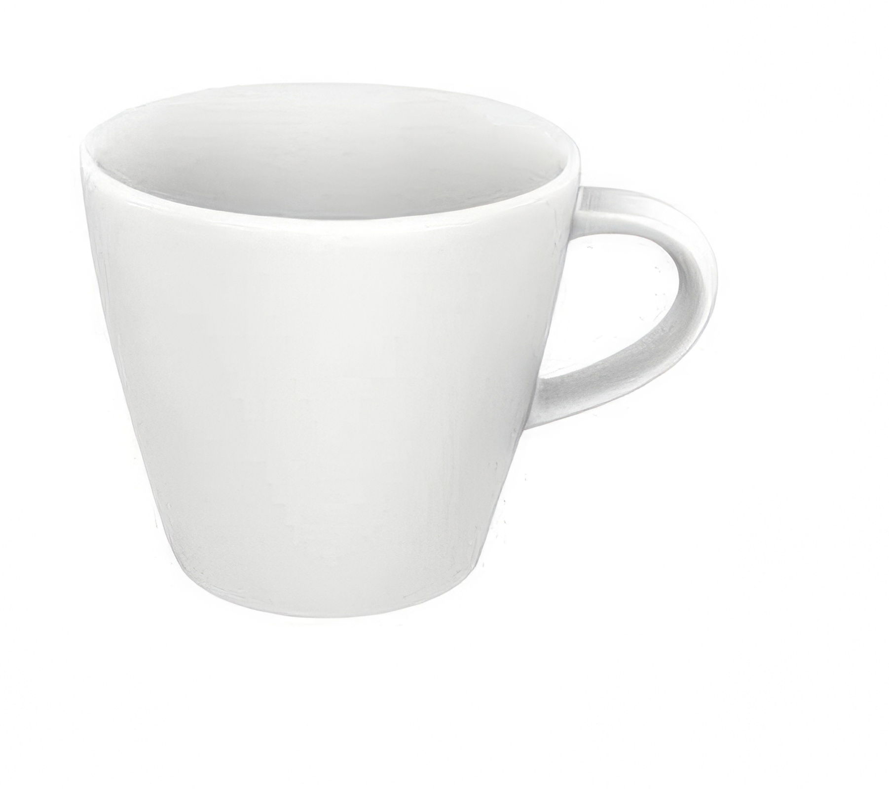 Weißer Kaffeebecher mit einem Henkel, konisch geformt und ohne Muster. Der Becher steht auf einem weißen Hintergrund.
