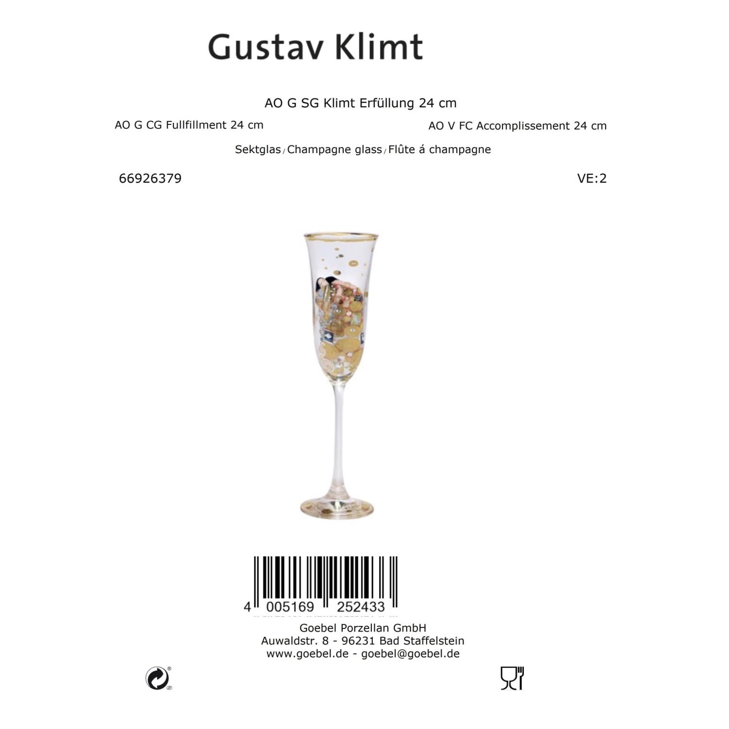 Sektglas mit goldenen und bunten Verzierungen, auf transparentem Fuß, mit einem schmalen, hohen Design.