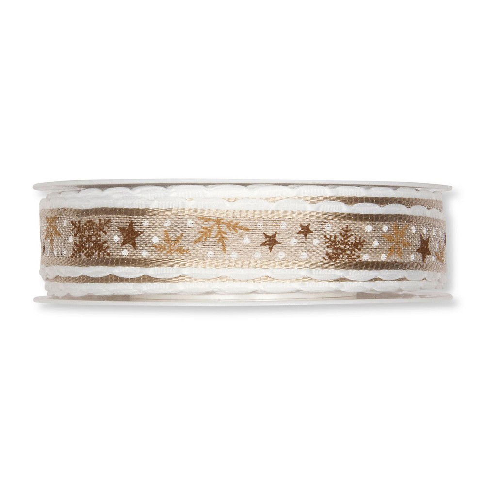 Schleifenband (1m = 0,86EUR) SCHNEESTERNE, Leinen, Gold, 20mm, 15m Rolle, von HALBACH