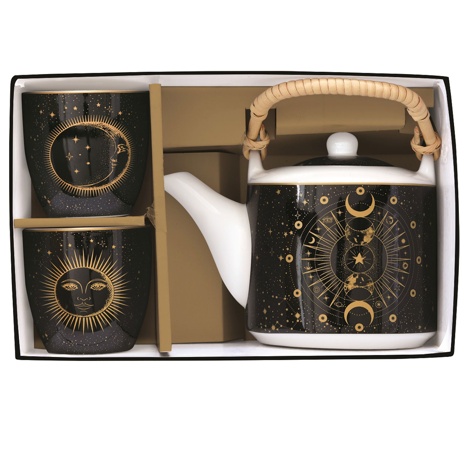 Teekanne und zwei Tassen in einer Geschenkbox mit goldenen Mustern