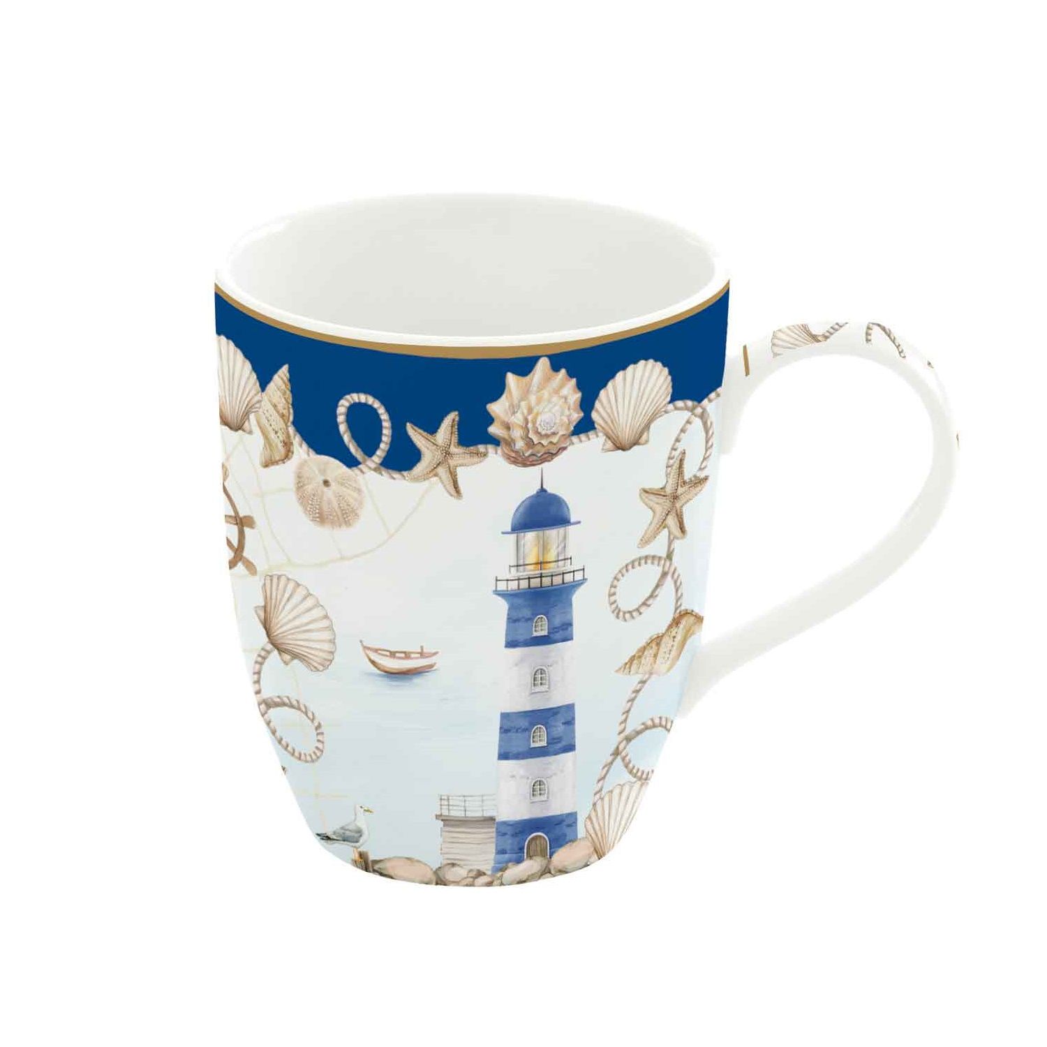 Tasse mit maritimem Design, blauem Hintergrund, Leuchtturm, Muscheln und Seesternen. Weißer Henkel.