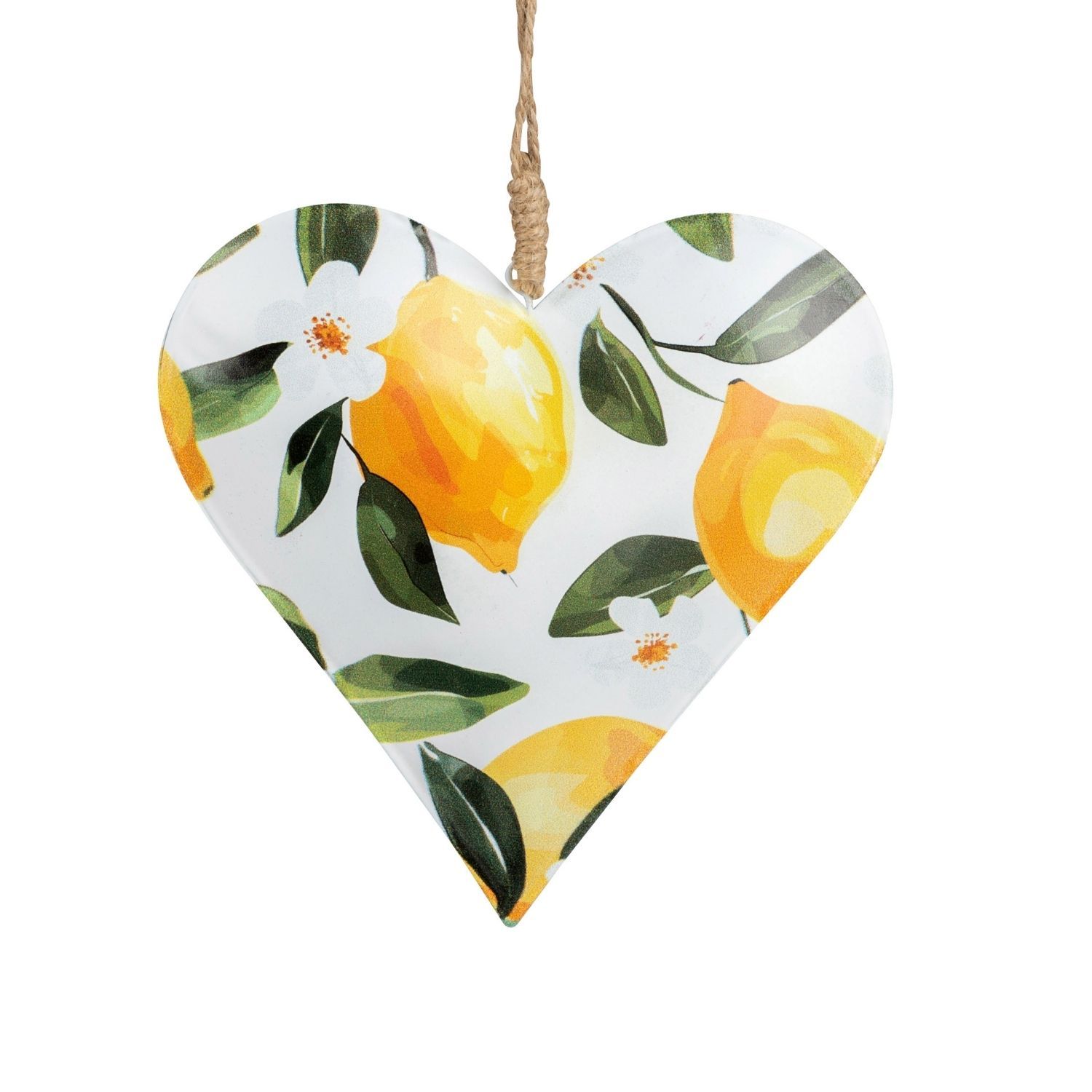 Herzförmiger Anhänger mit Zitronen und Blättern auf weißem Hintergrund