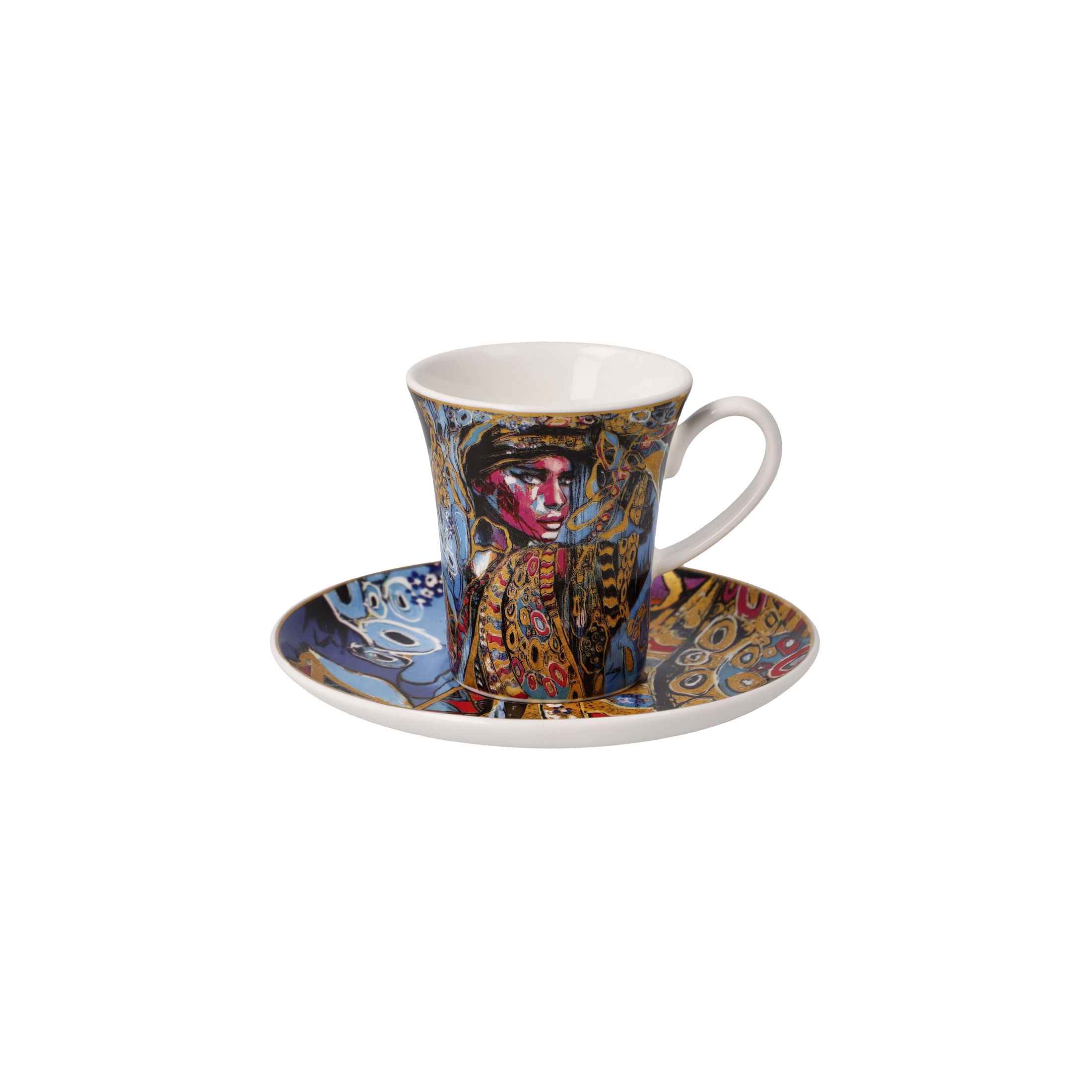 Eine bunte Tasse mit Untertasse, verziert mit einem künstlerischen Motiv und einem Gesicht, auf weißem Hintergrund.