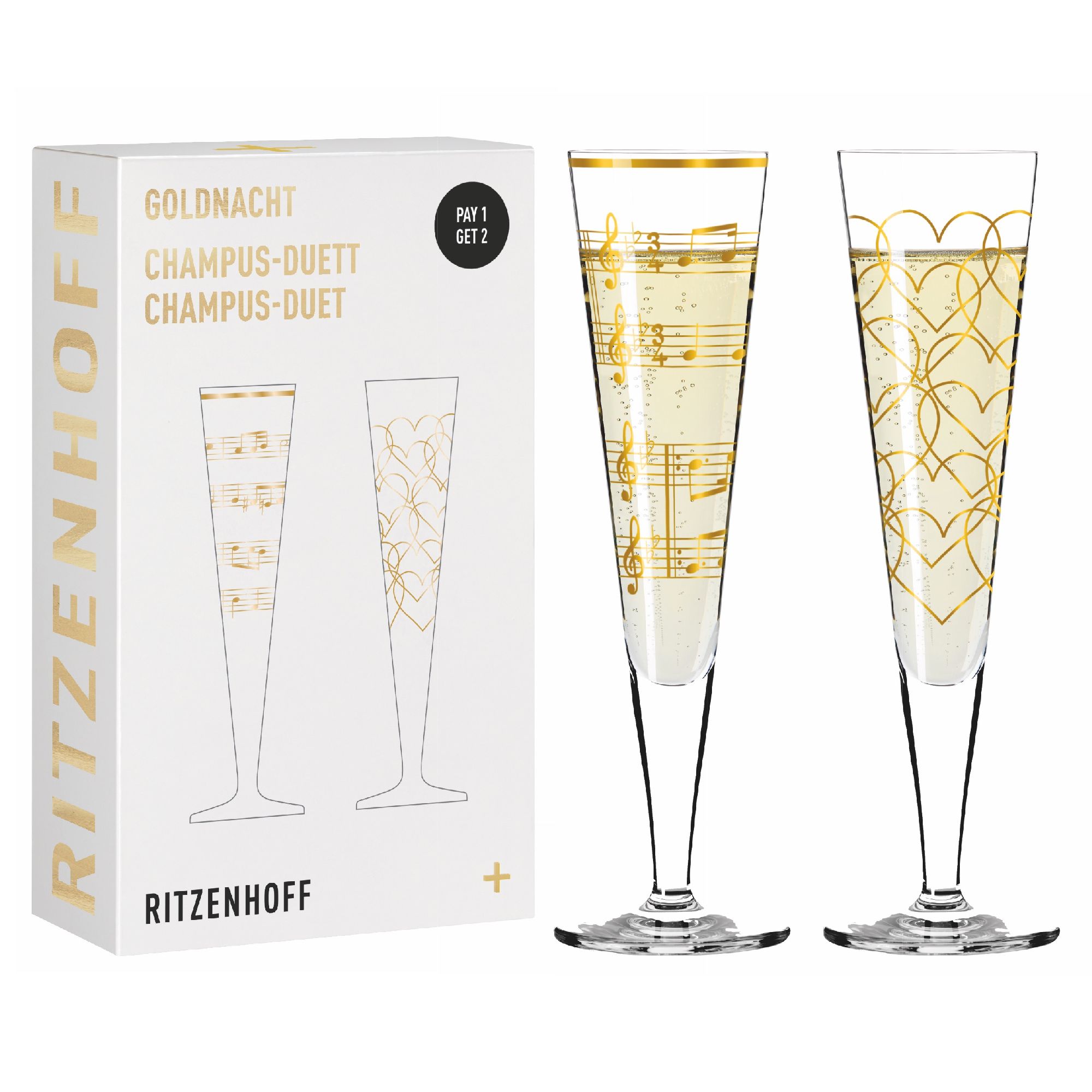 Zwei Sektgläser mit goldenen Verzierungen und einer Verpackung mit Noten und Herzen. Verpackung zeigt "Ritzenhoff" und "Goldnacht".