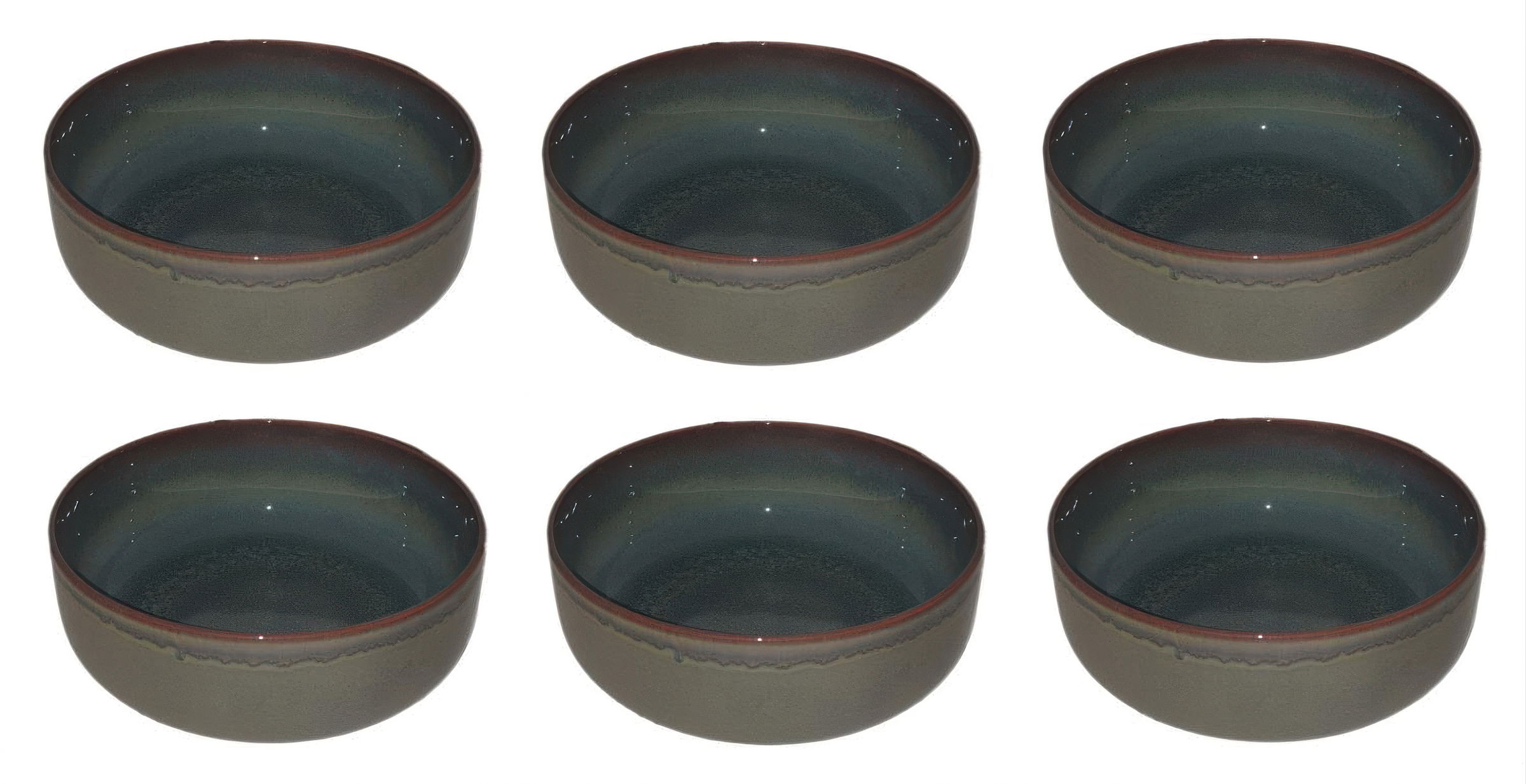 Sechs flache Schalen in verschiedenen Farben, mit einem glatten, glänzenden Innenleben und einem matten äußeren Rand.