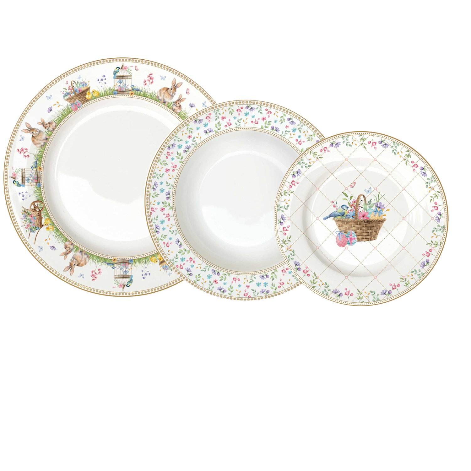 Drei Teller in verschiedenen Größen, verziert mit bunten Blumen und Motiven von Hasen und einem Korb mit Eiern.