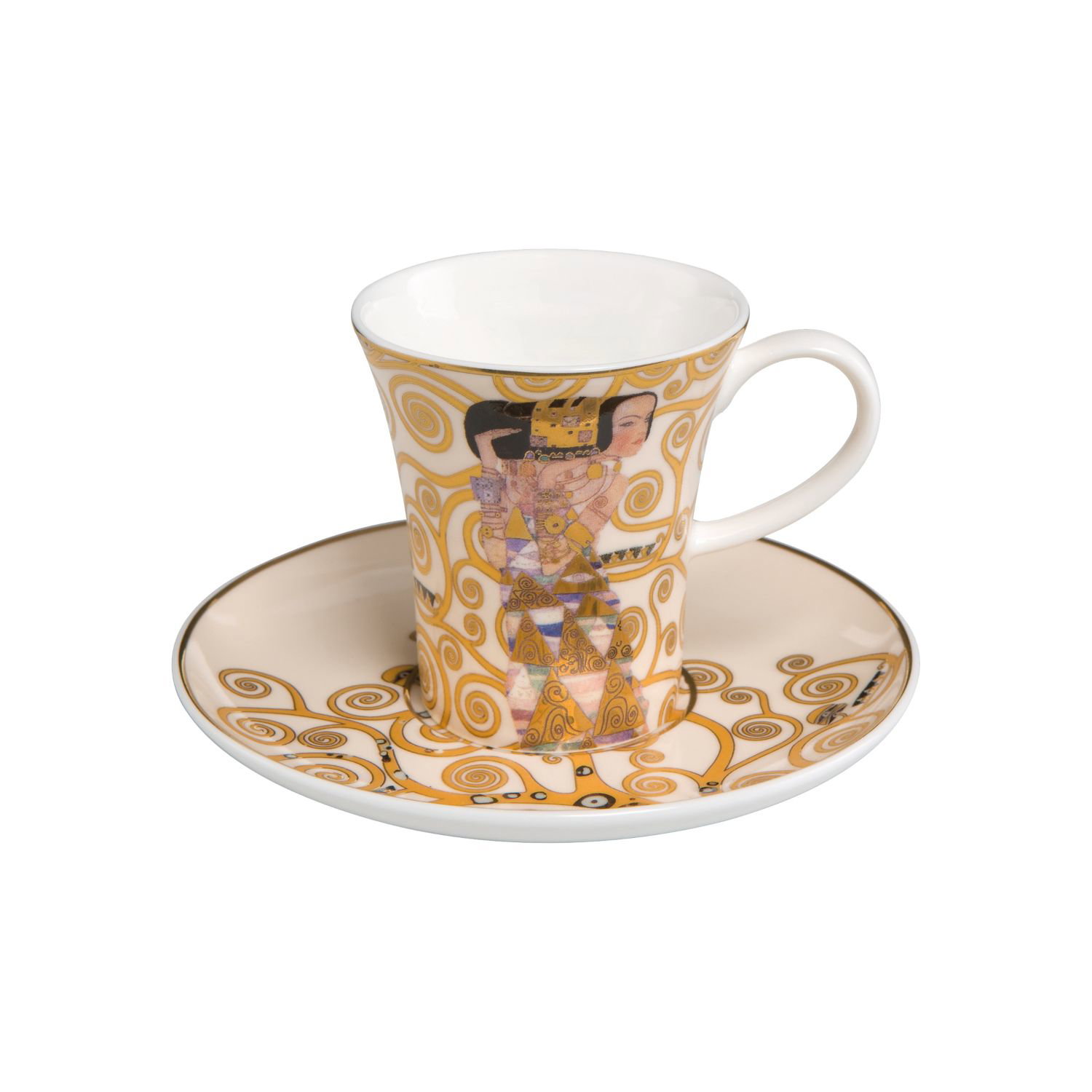 Tasse mit Untertasse, goldgelbes Wirbelmuster und figürliche Illustration auf weißem Porzellan