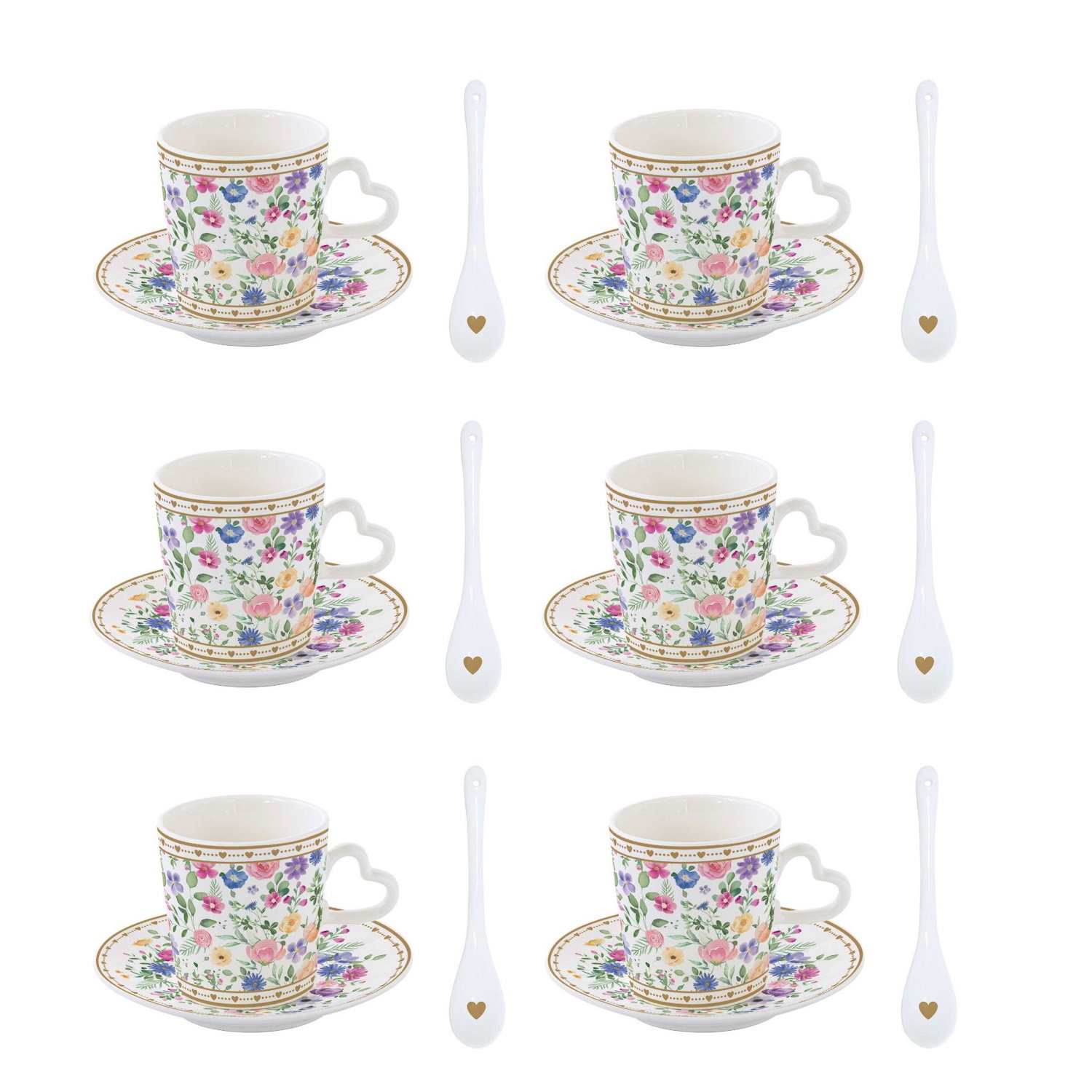 Sechs Tassen mit Untertassen und Löffeln, verziert mit bunten Blumenmustern und herzförmigem Henkel.