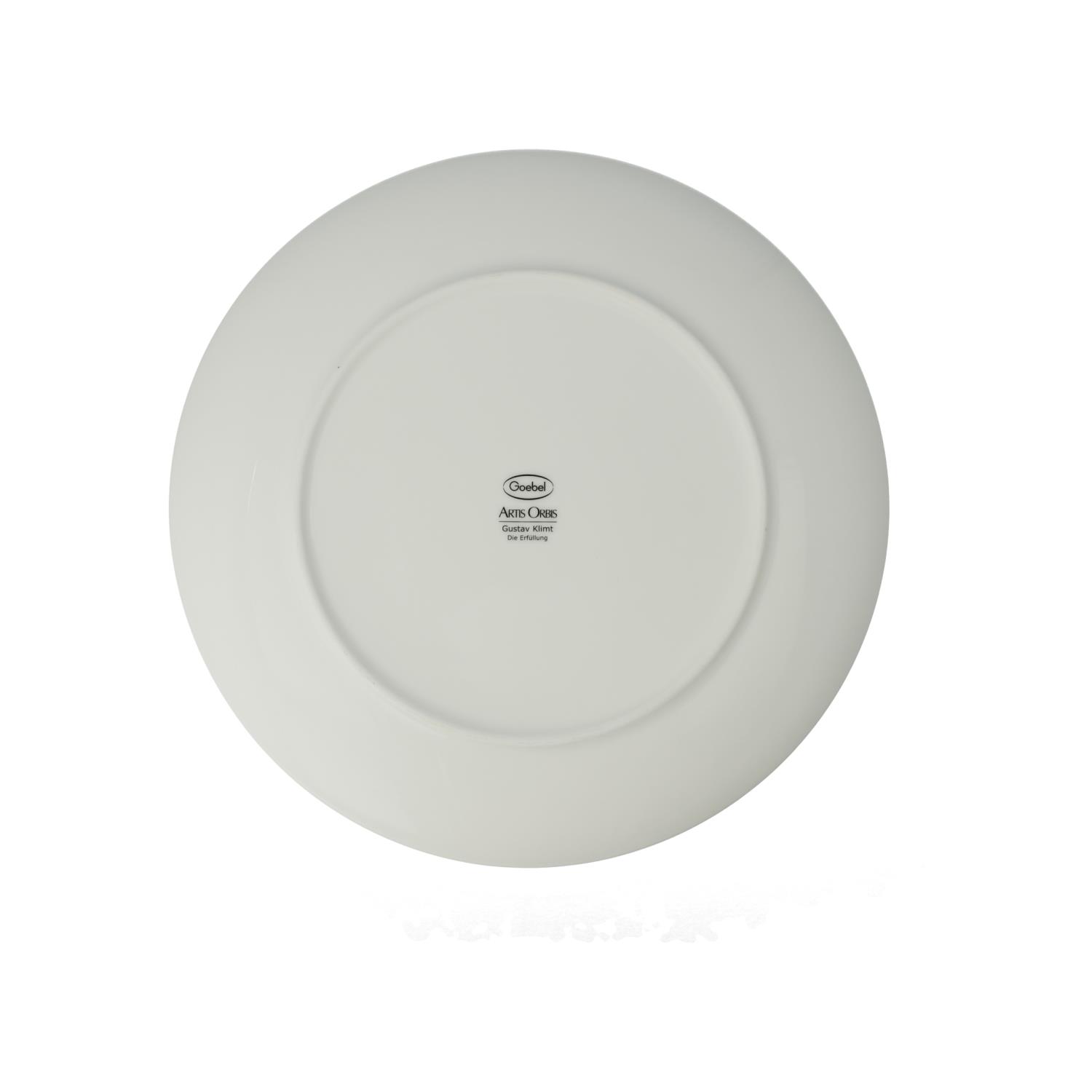 Weißer Teller mit glatter Oberfläche und einem Logo auf der Unterseite. Der Teller hat einen runden, flachen Rand.