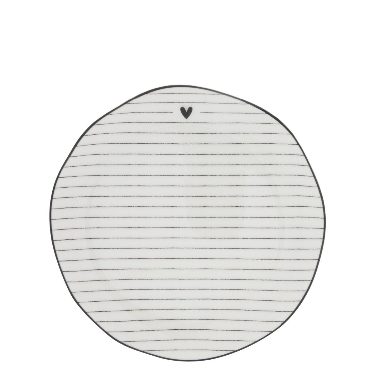 Runder Teller mit schwarzen Streifen auf weißem Hintergrund und einem kleinen Herzsymbol oben.