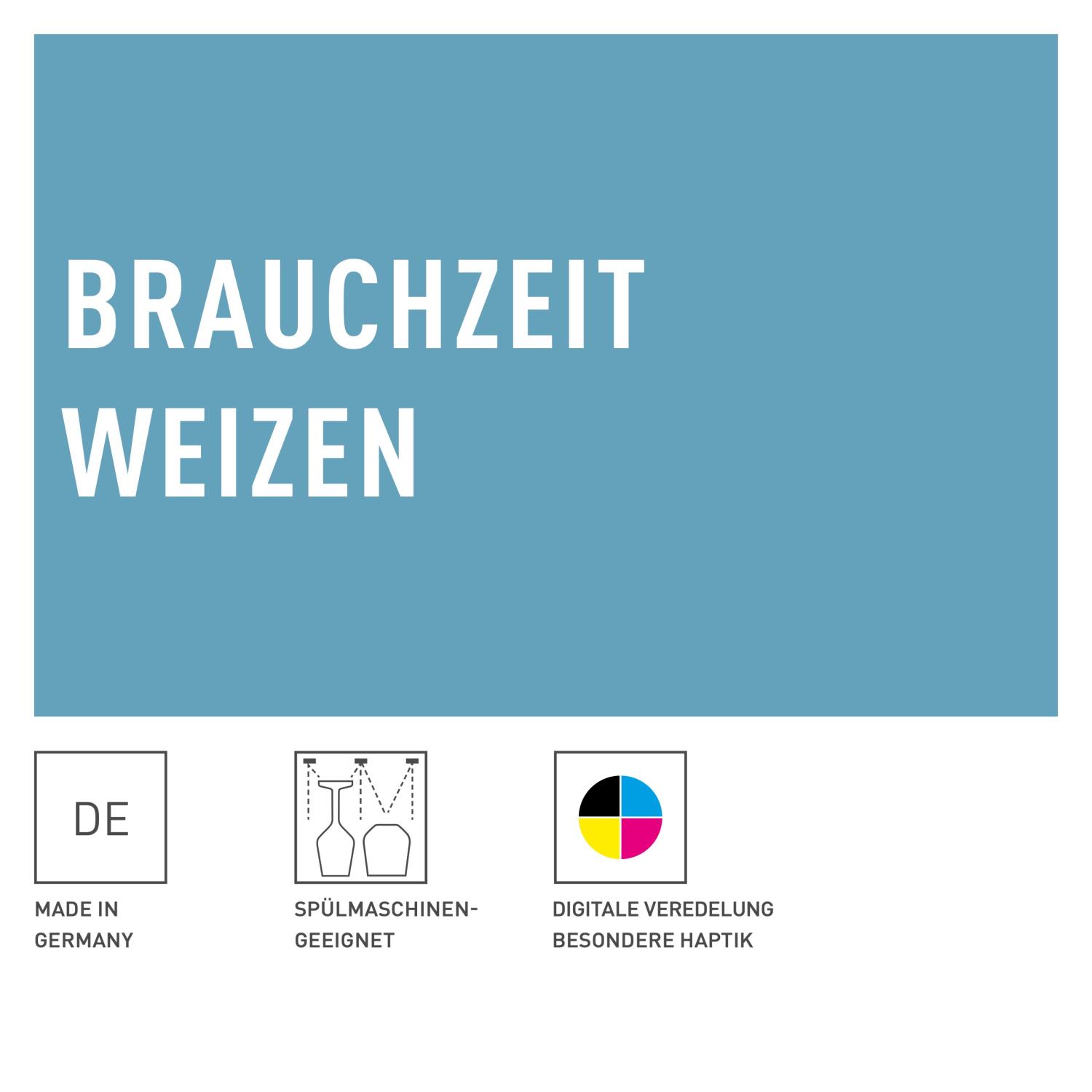 Text auf blauem Hintergrund: "BRAUCHZEIT WEIZEN". Symbole für "Made in Germany", "Spülmaschinen-geeignet" und "digitale Veredelung".