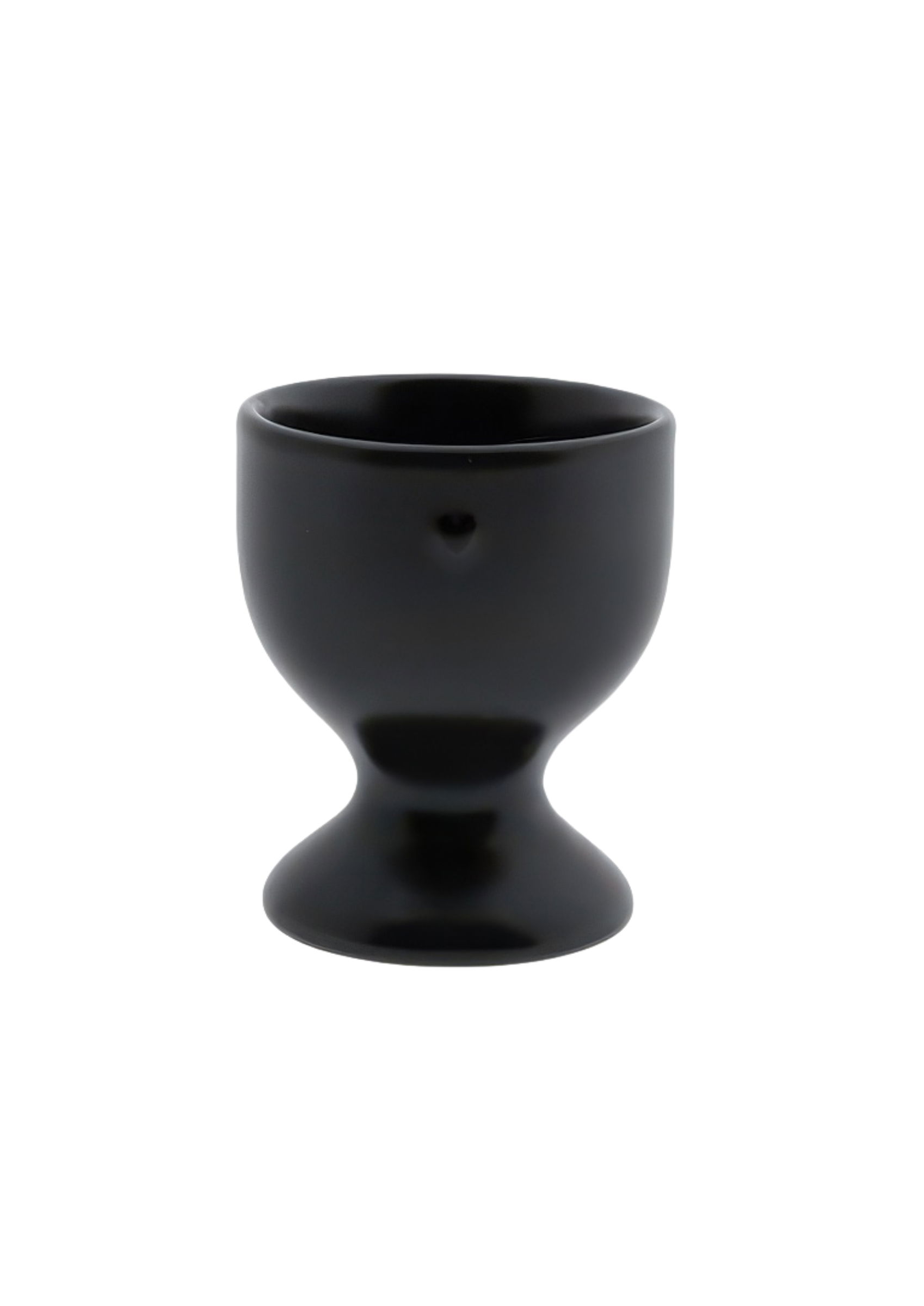 Schwarzer Eierbecher mit einer schmalen, runden Basis und einer breiten, ovalen Öffnung oben.