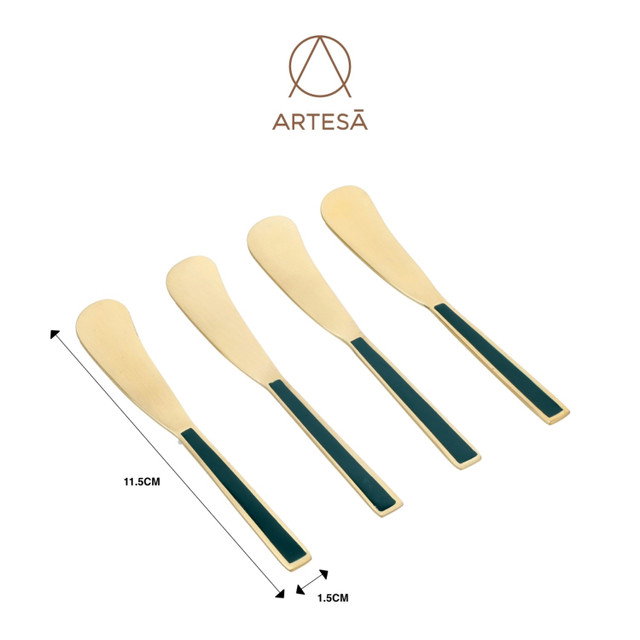 Vier goldfarbene Spatel mit grünem Griff, jeweils 11,5 cm lang und 1,5 cm breit, auf hellem Hintergrund. Logo oben.