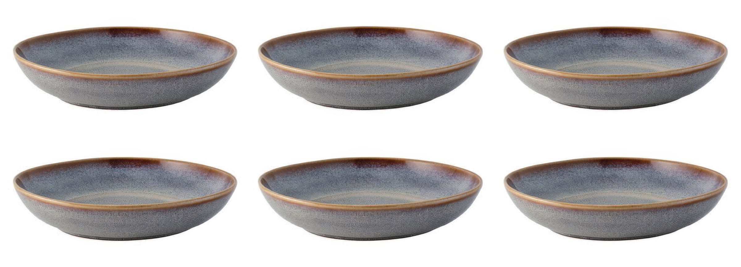 Sechs flache Schalen in verschiedenen Grautönen mit braunem Rand, gleichmäßig angeordnet.