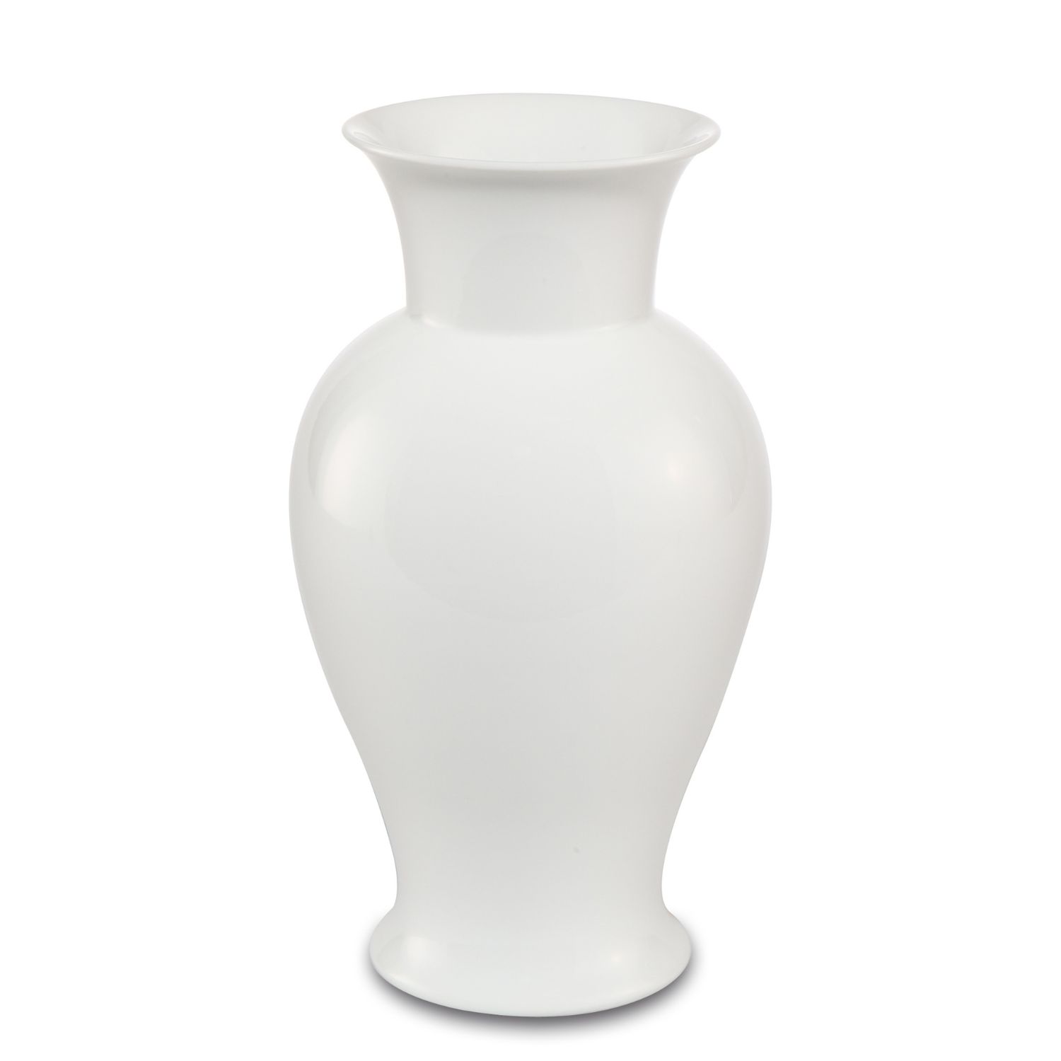 Weiße Vase mit breitem Bauch und schmalem Hals, glatte Oberfläche, auf einem neutralen Hintergrund.