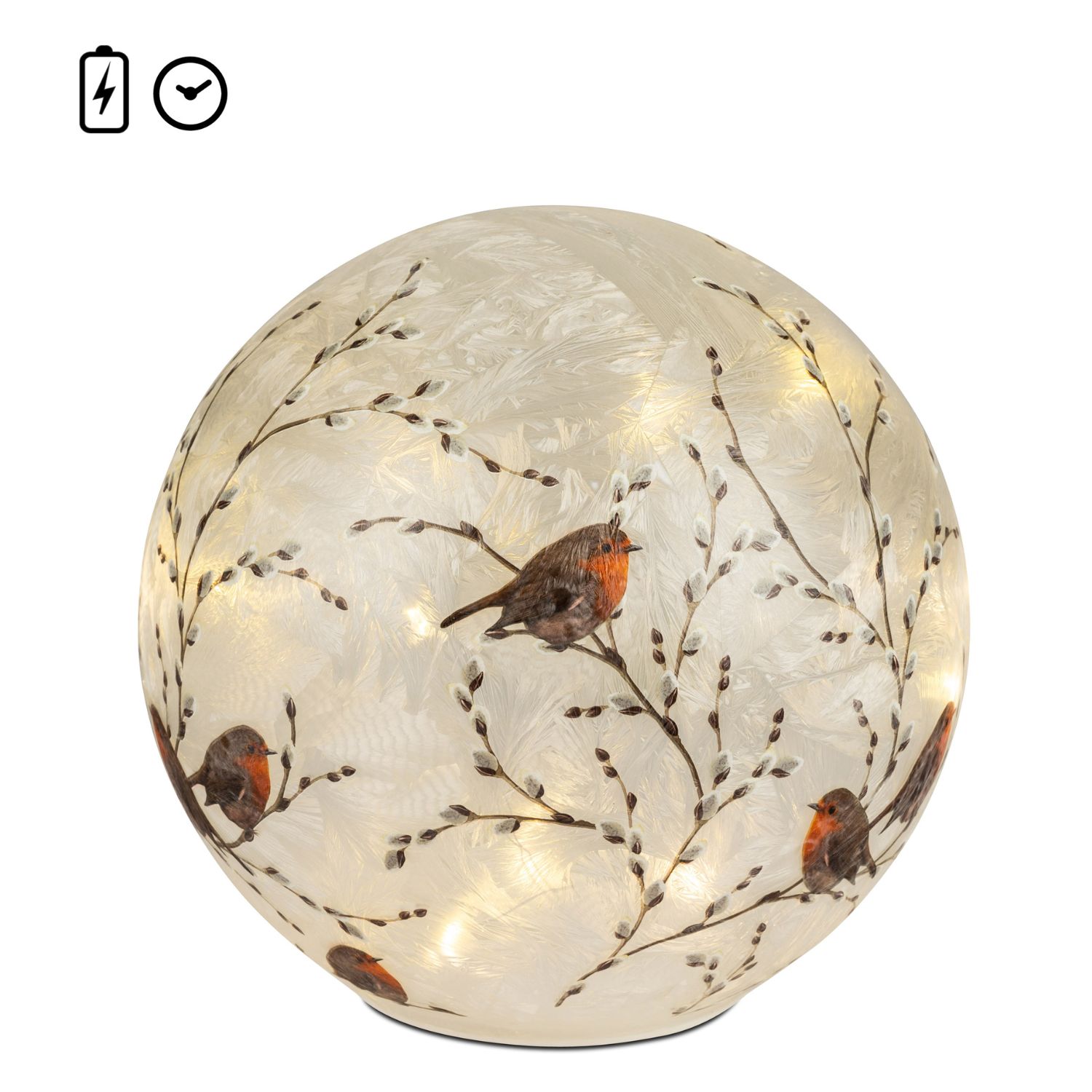 Leuchtende Glaskugel mit Zweigen und roten Vögeln auf hellem Hintergrund
