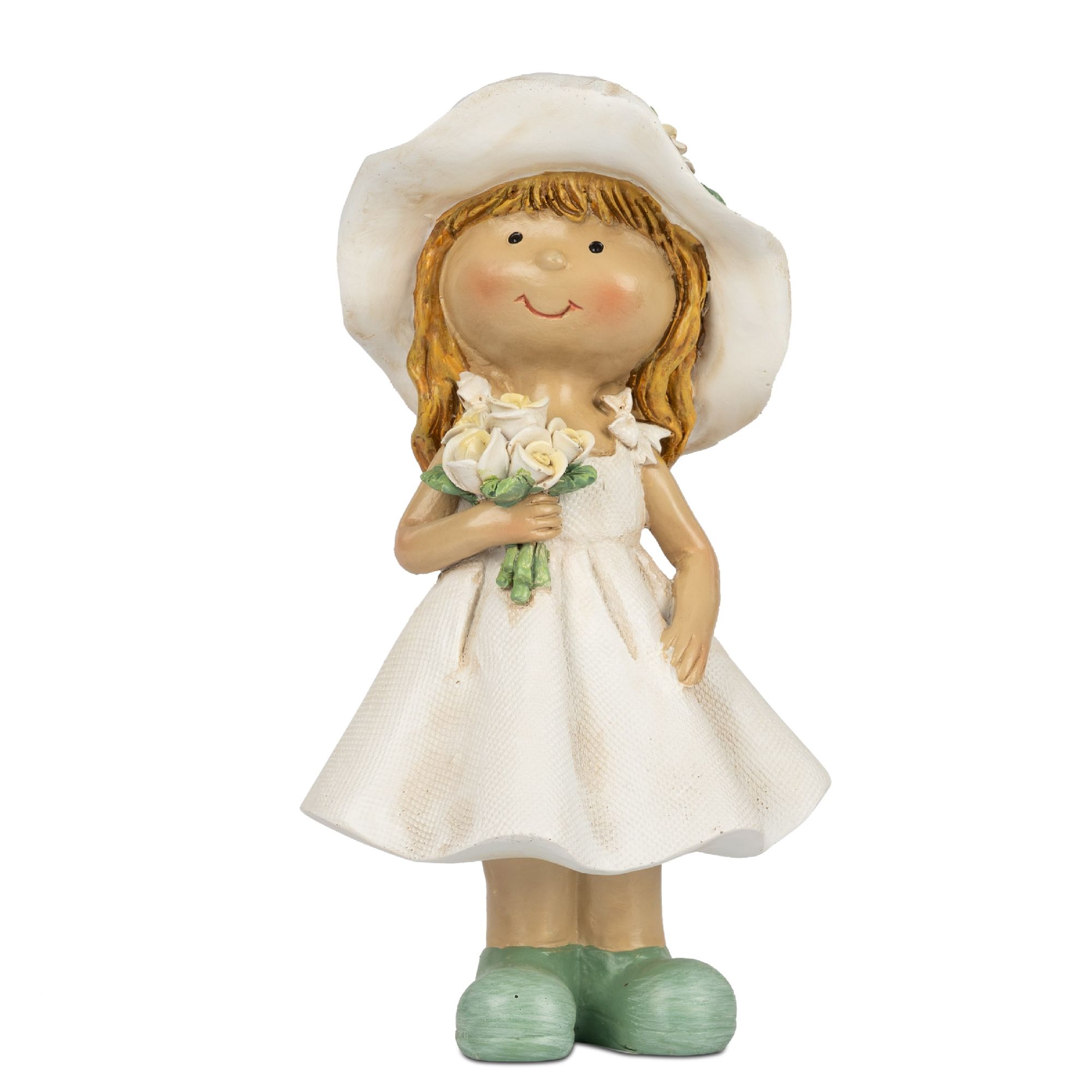 Eine kleine Figur eines Mädchens mit blonden Haaren, einem weißen Kleid und einem großen Hut, das einen Blumenstrauß hält.