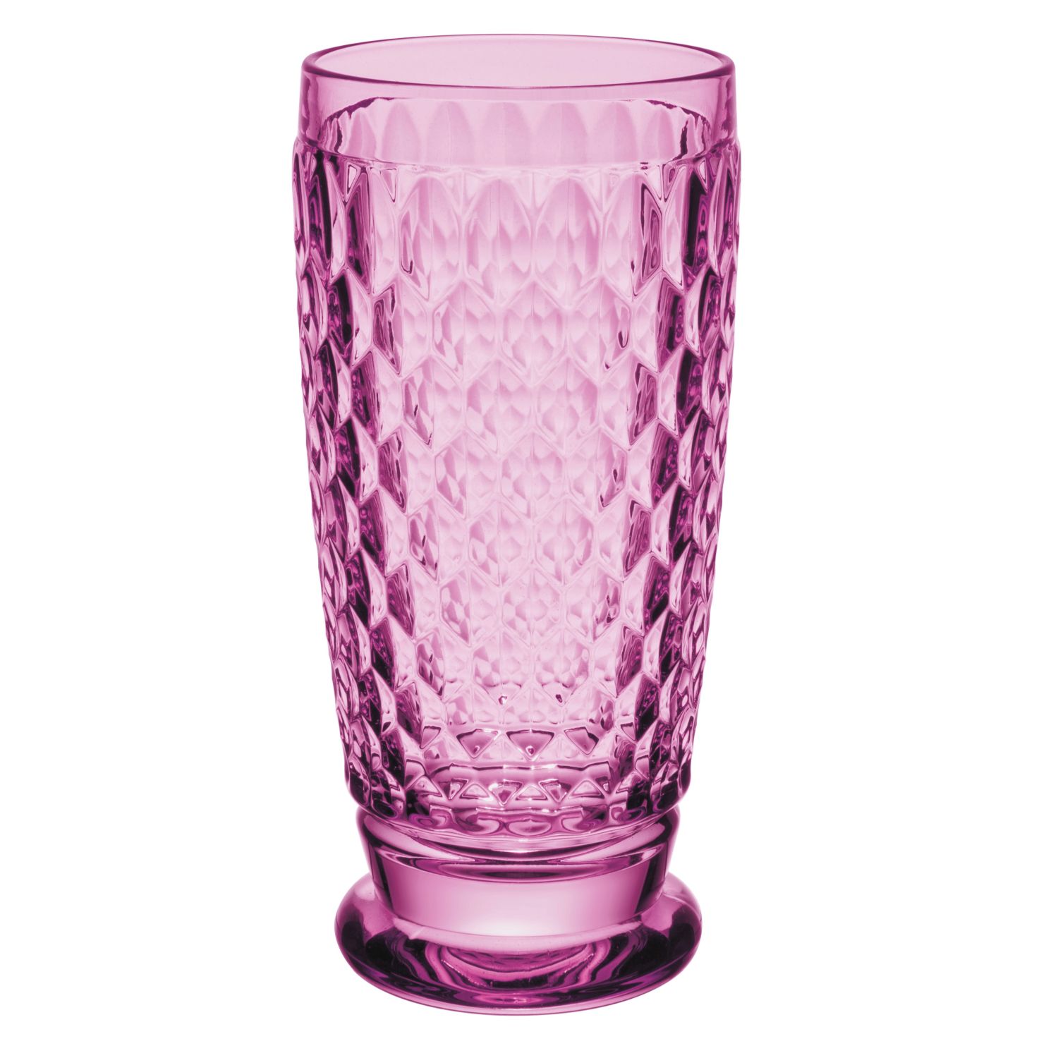 Ein hoher, pinkfarbener Glasbecher mit rautenförmigem Muster