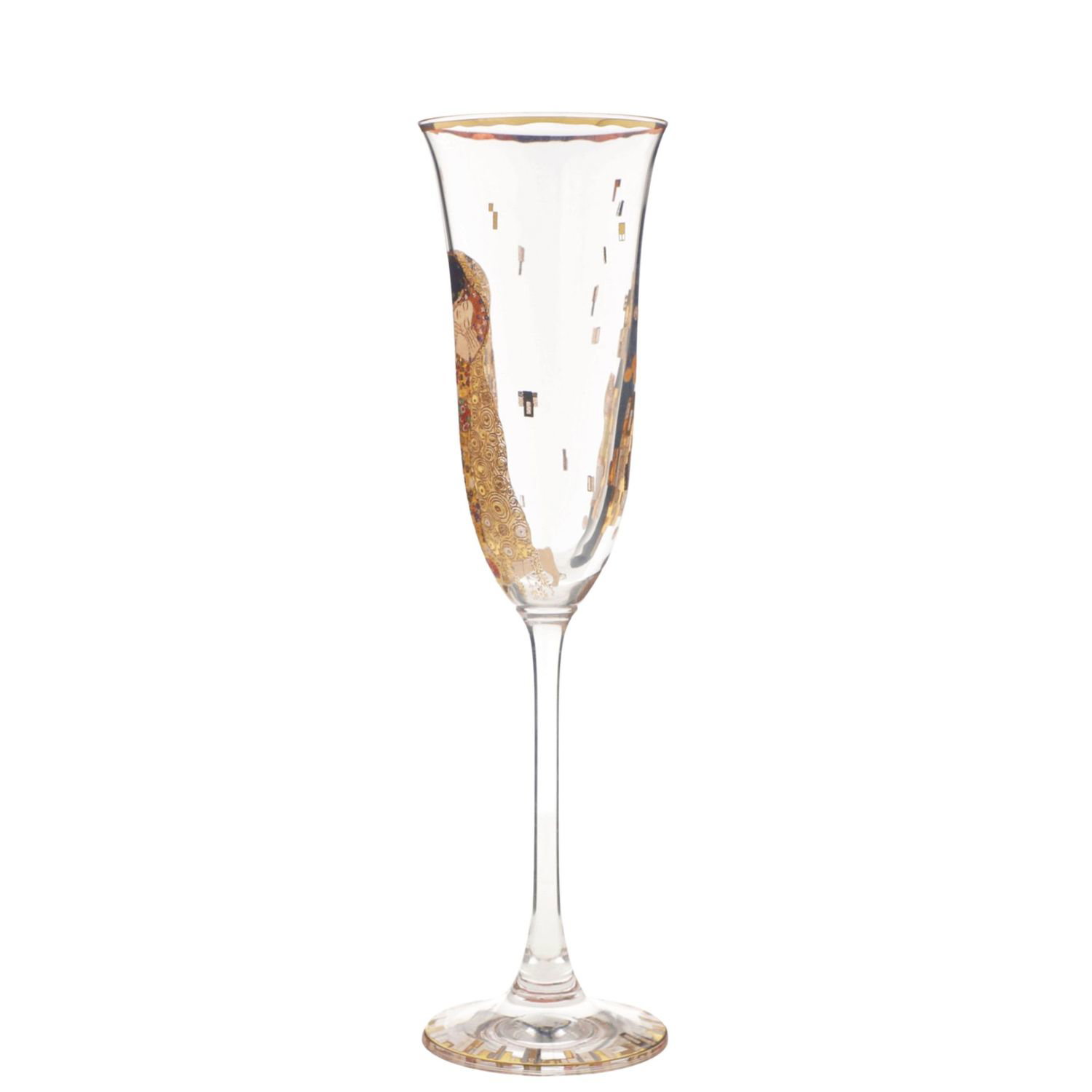 Ein elegantes Sektglas mit goldenen und bunten Verzierungen