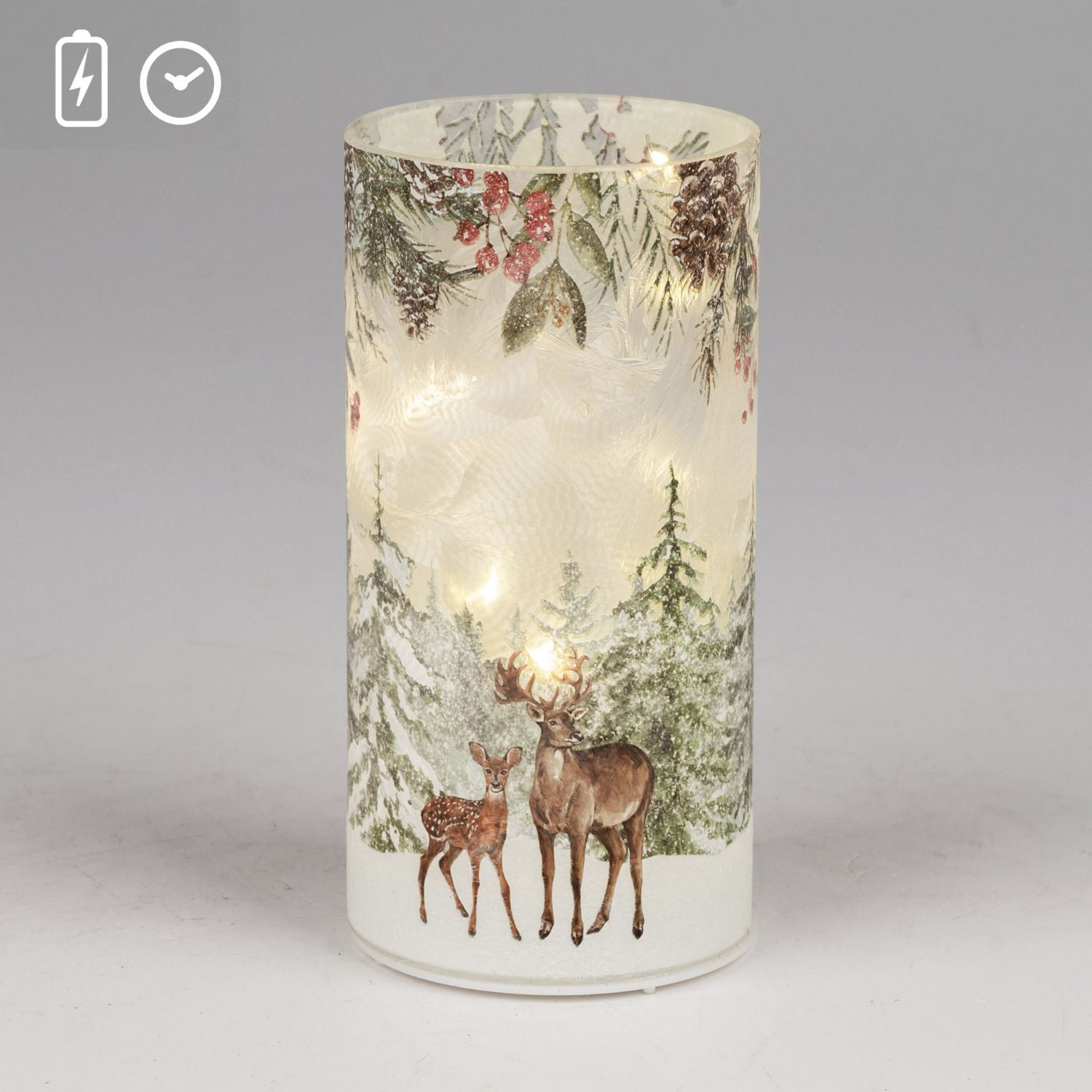 Leuchtglas mit Wintermotiv: Hirsch und Reh vor verschneiten Tannen, warmes Licht innen