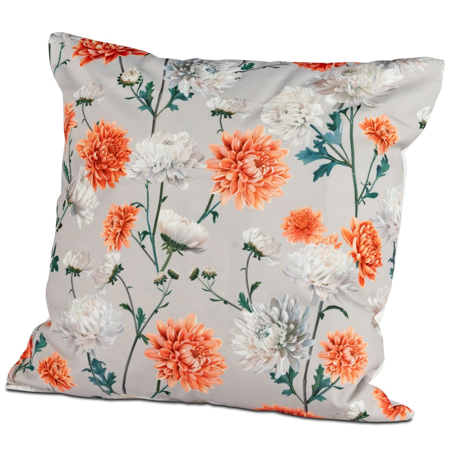 Kissen mit buntem Blumenmuster in Orange, Weiß und Grün auf grauem Hintergrund