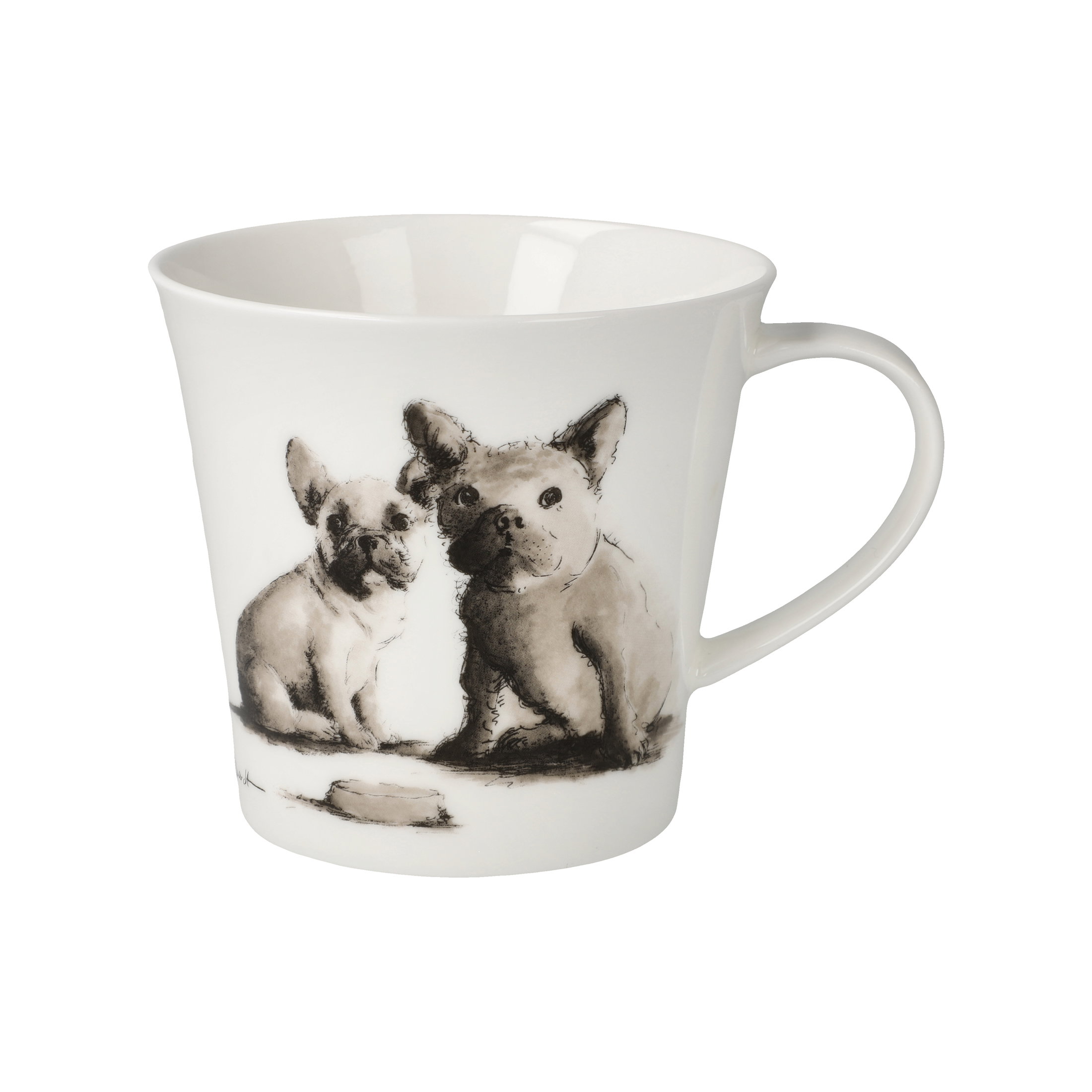 Eine weiße Tasse mit einem schwarz-weißen Motiv von zwei französischen Bulldoggen, eine sitzend und eine stehend.