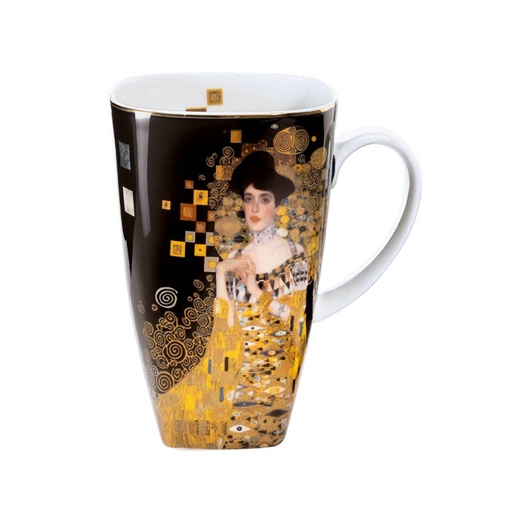 Tasse mit schwarzem Hintergrund, verziert mit goldenen Mustern und einer Abbildung einer Frau in einem eleganten Kleid.