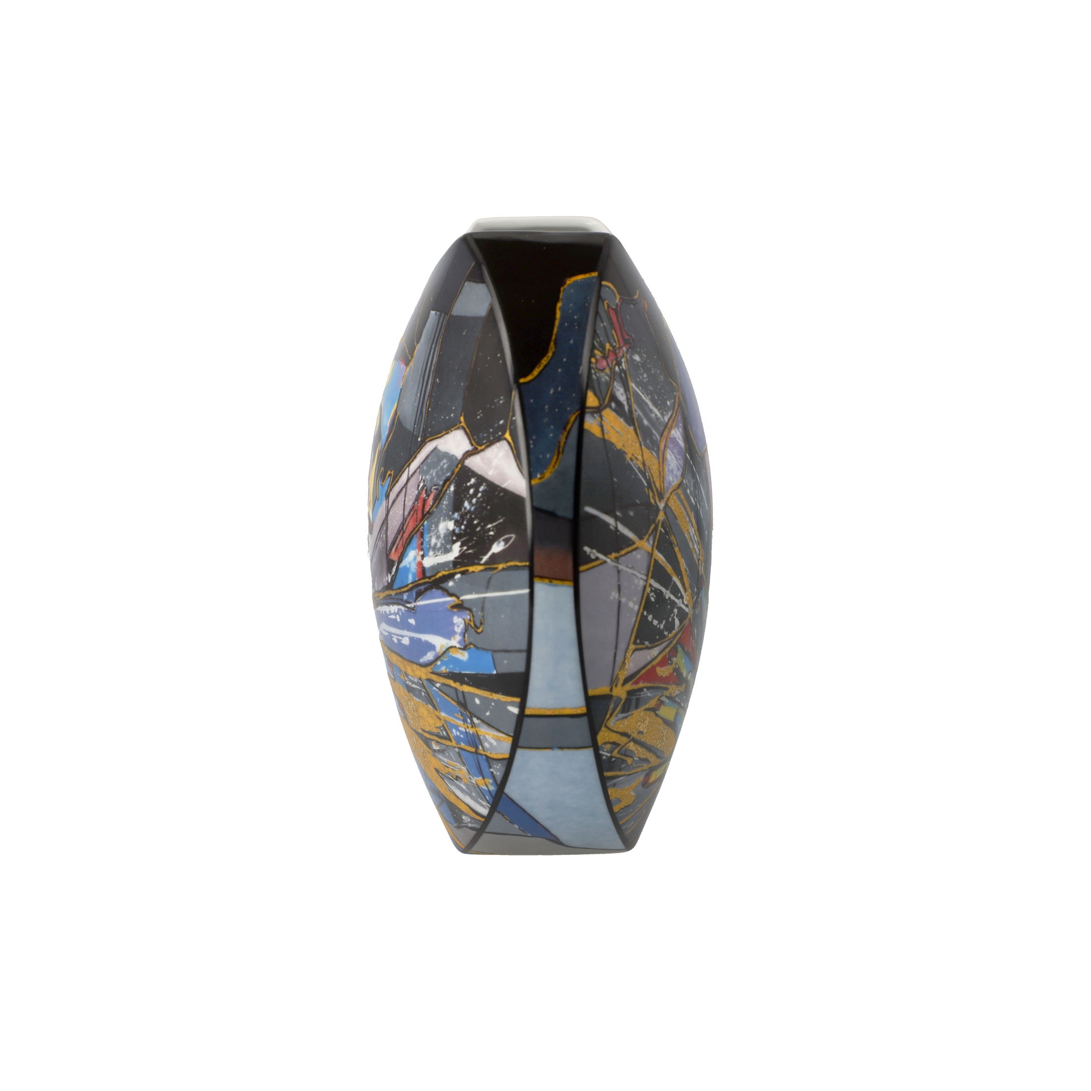 Vase in ovaler Form, verziert mit bunten Mustern in Blau, Schwarz, Gold und Weiß. Glänzende Oberfläche, schmaler Hals.