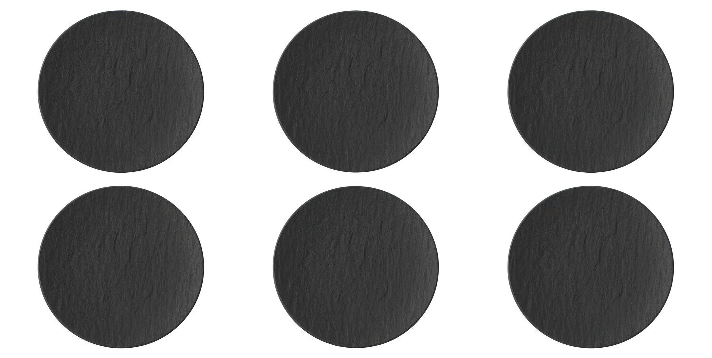 Sechs schwarze, runde Objekte mit einer strukturierten Oberfläche, gleichmäßig in zwei Reihen angeordnet.