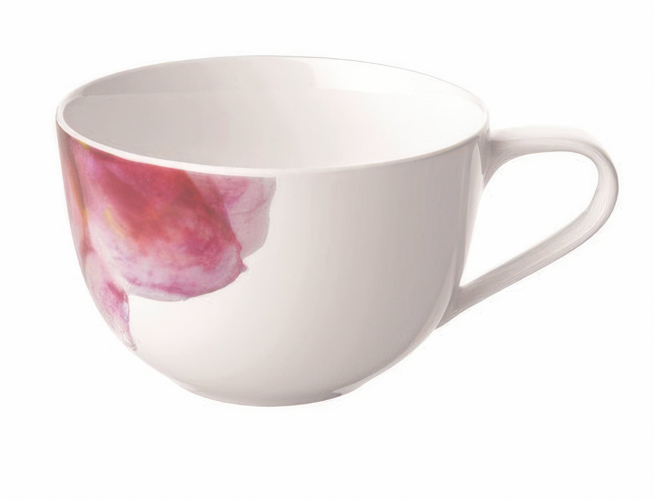 Weiße Tasse mit einem pinken Blütenmuster auf der Außenseite und einem Henkel. Innen ist die Tasse s