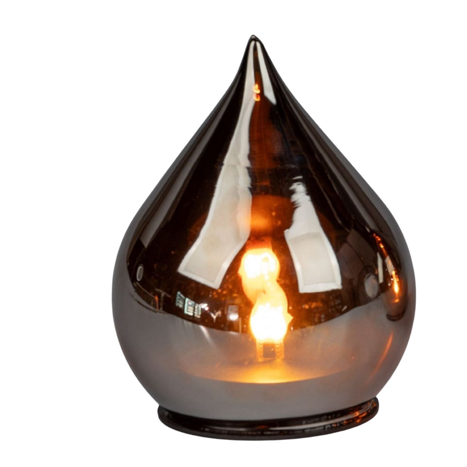 Glänzende, tropfenförmige Lampe mit warmem Licht im Inneren