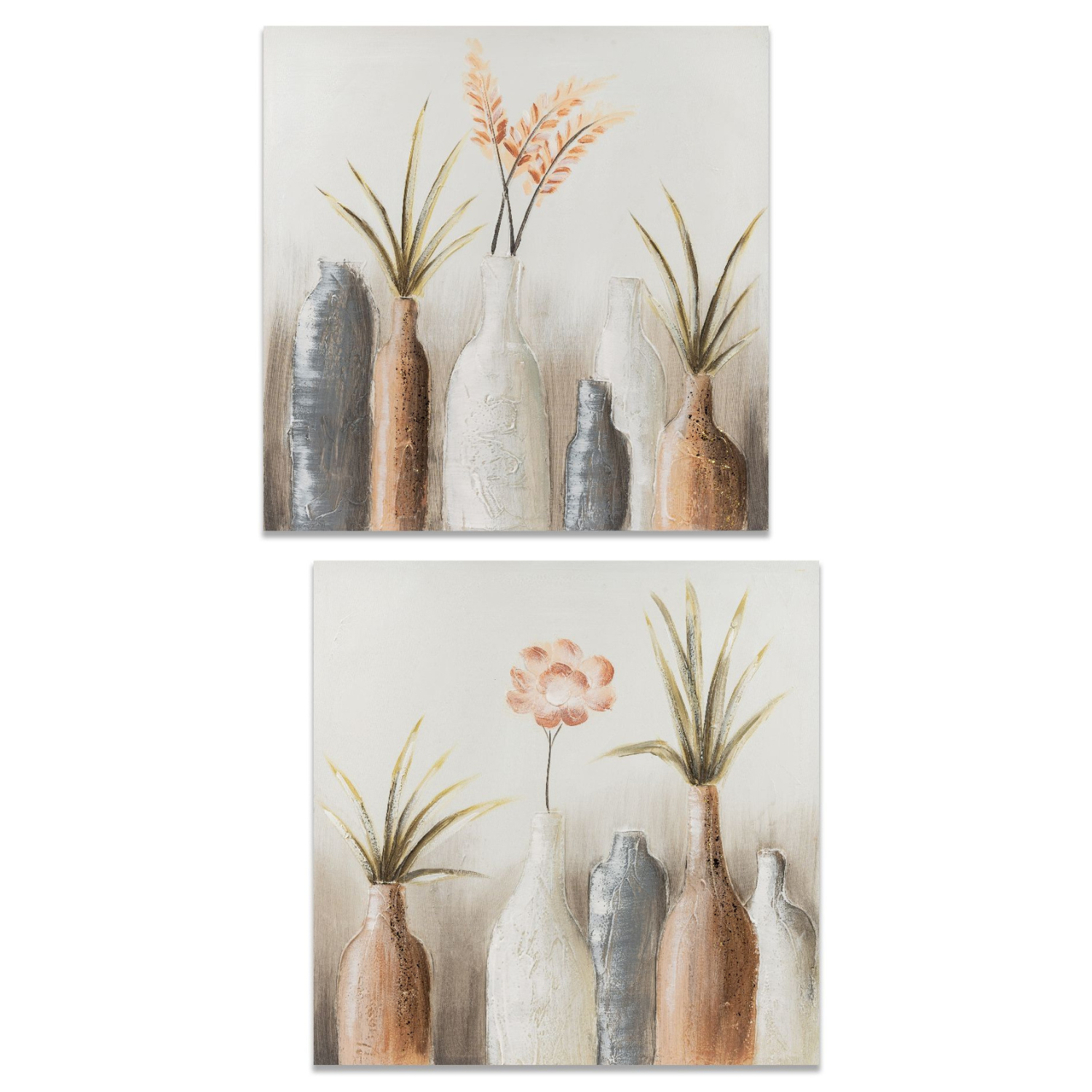 Zwei Bilder mit Vasen in verschiedenen Farben, einige mit Pflanzen und Blumen, auf hellem Hintergrund.