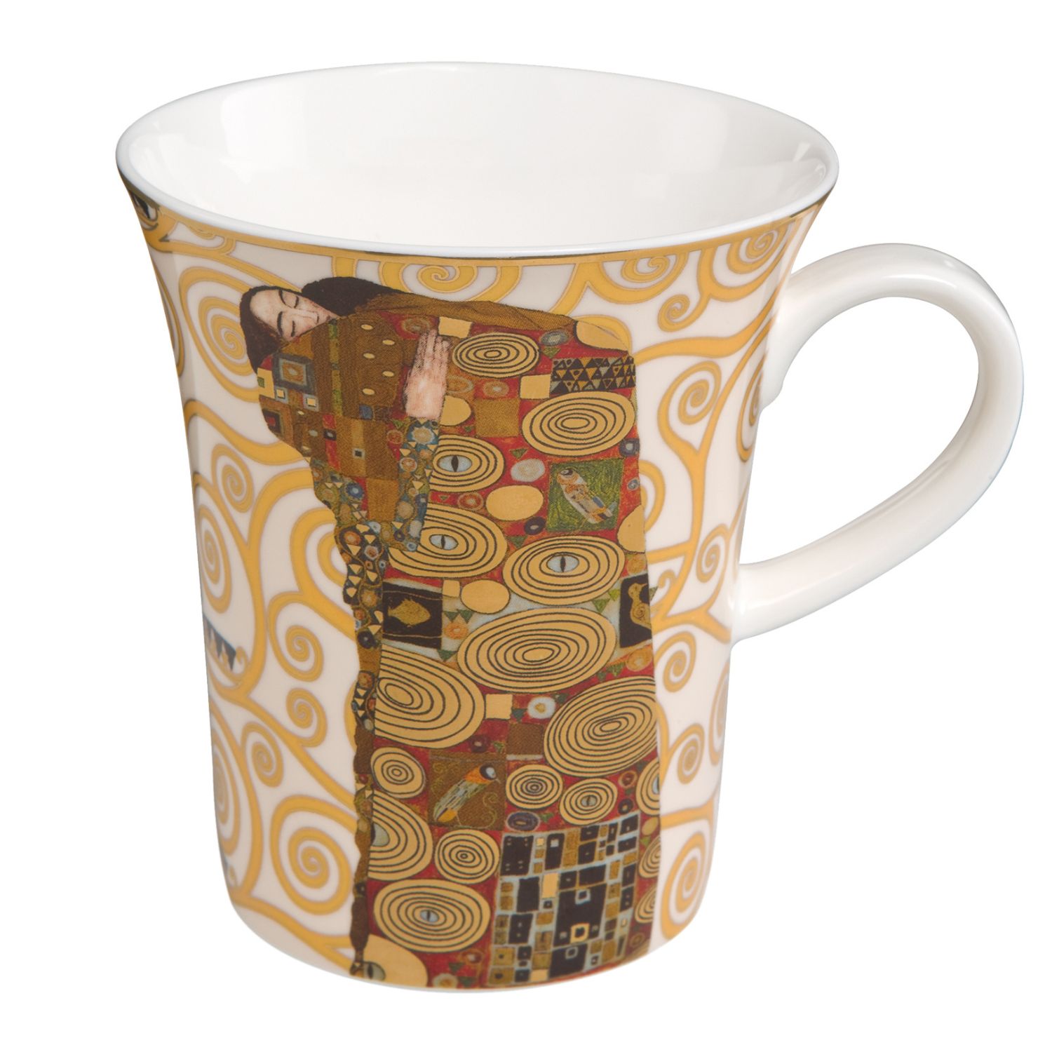 Weißer Kaffeebecher mit goldenen, spiralförmigen Mustern und einem abgebildeten, künstlerischen Moti