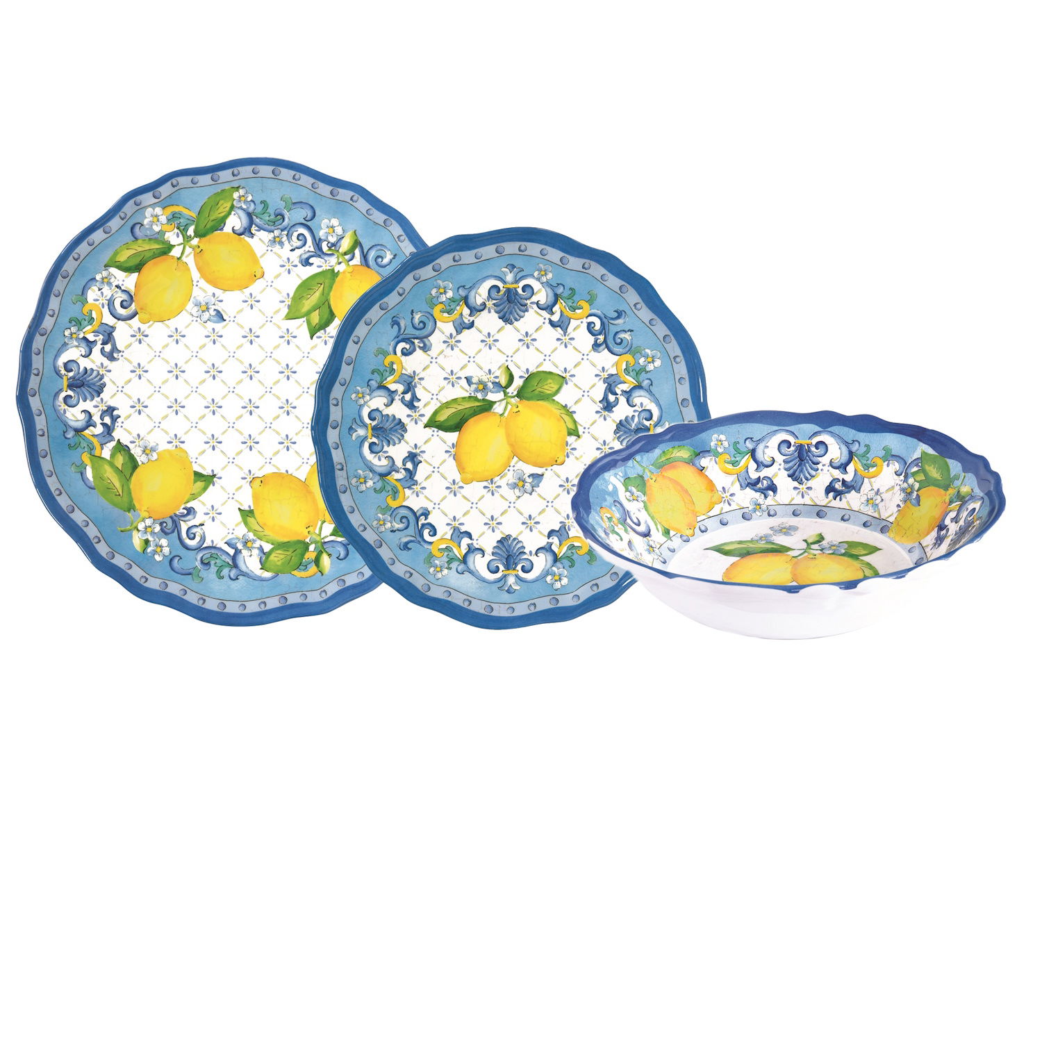 18tlg. Tellerset SORRENTO Zitronen weiß blau gelb aus Melamin von EASY LIFE