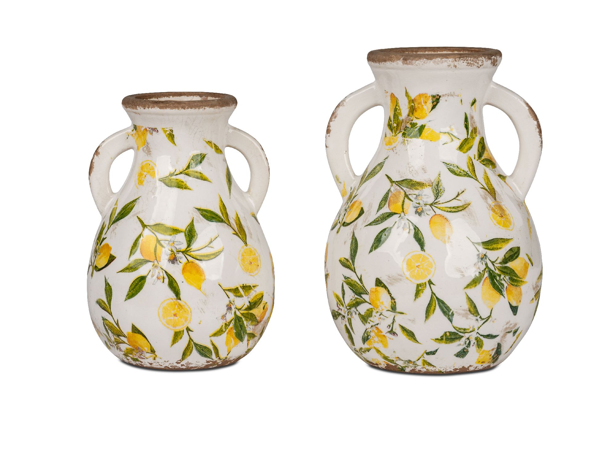 Zwei dekorative Krüge mit Zitronen- und Blattmuster, einer kleiner und einer größer, auf weißem Hintergrund.