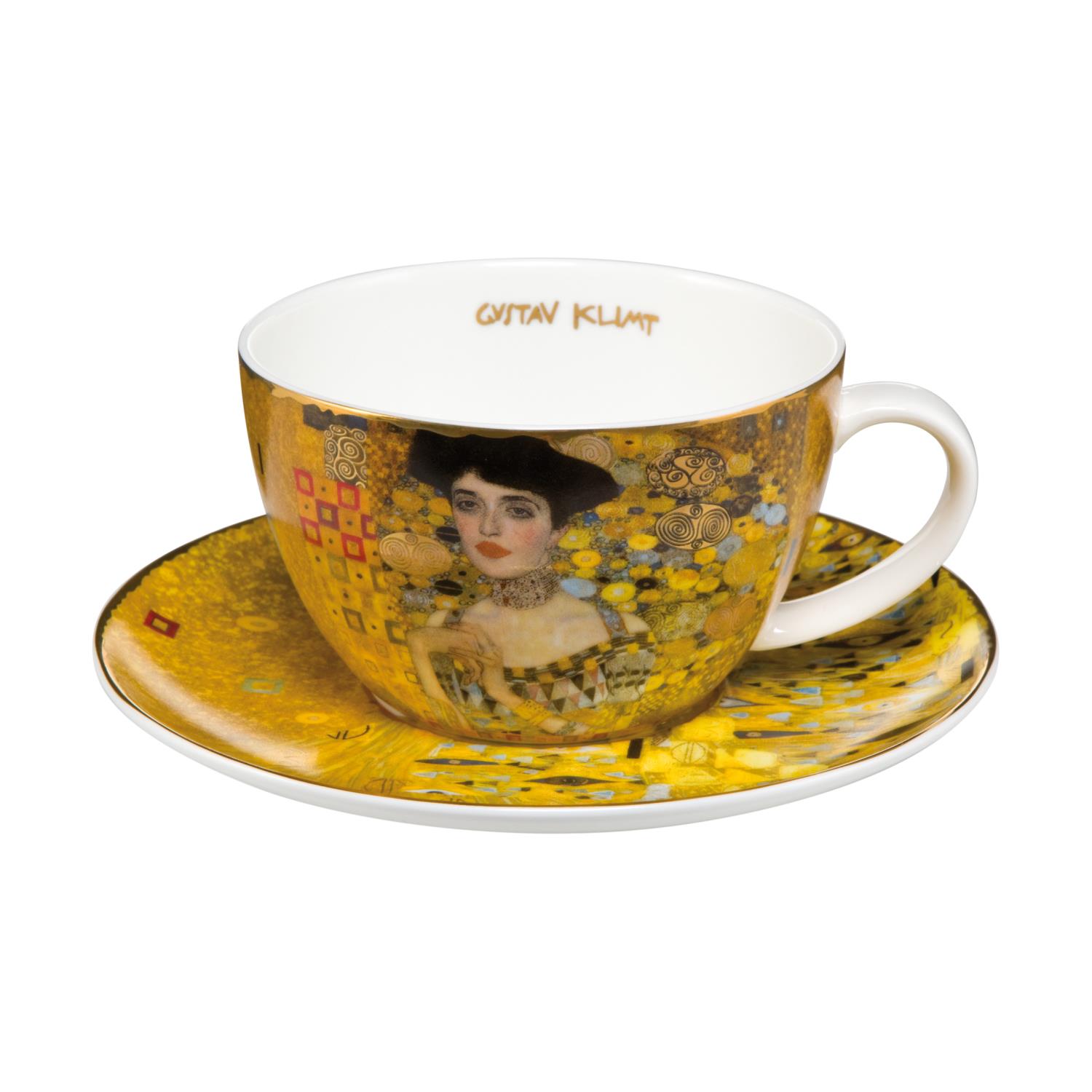Tasse mit Untertasse, verziert mit einem goldenen Muster und einem Porträt einer Frau, beschriftet mit "Gustav Klimt".