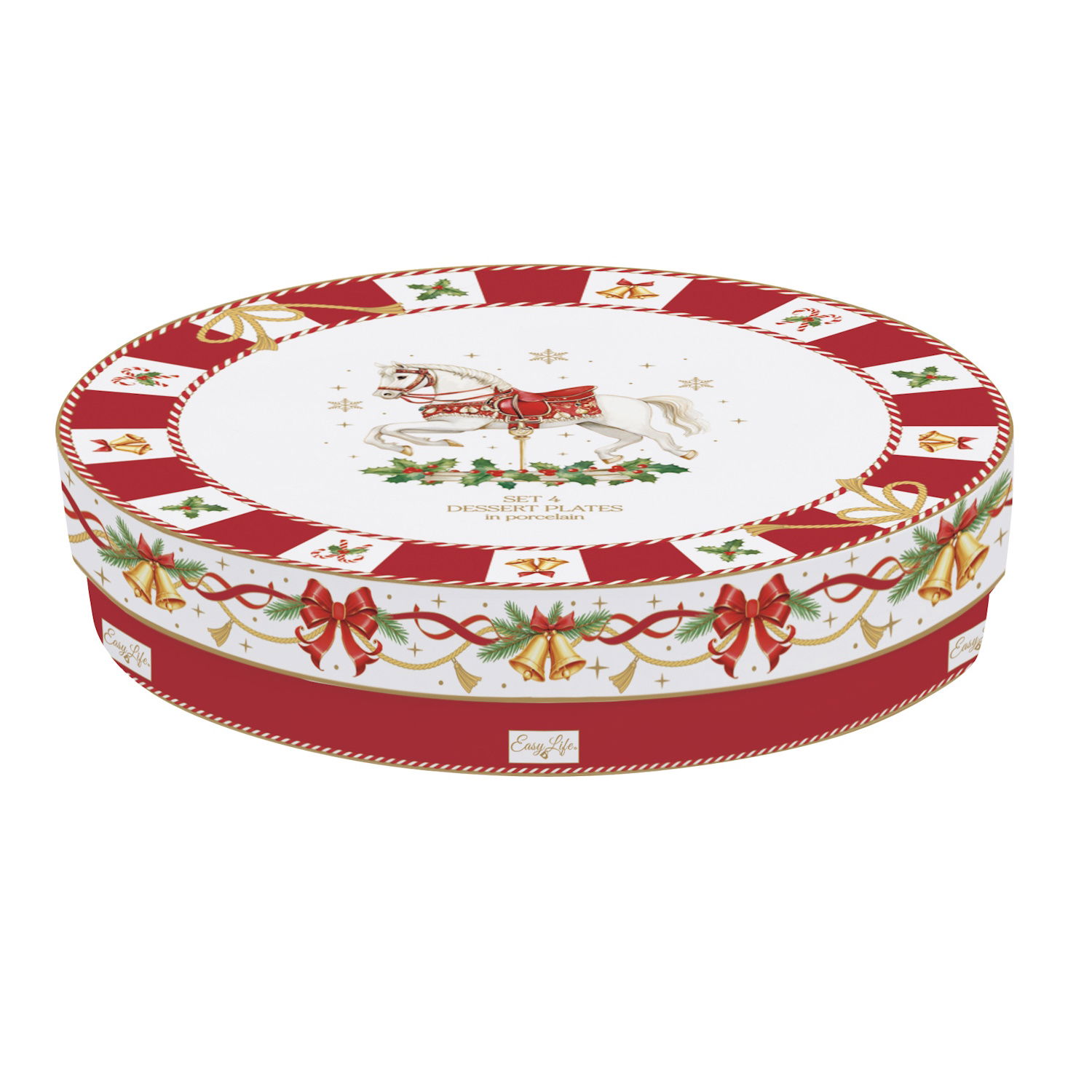 Runde Geschenkbox mit festlichem Design und einem Pferdemotiv auf der Oberseite