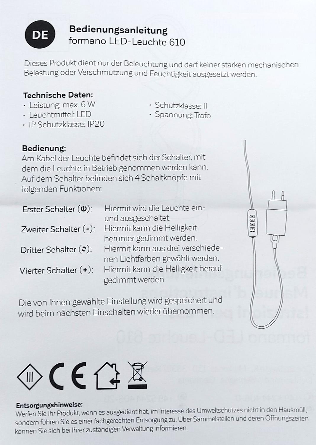 Bedienungsanleitung für formano LED-Leuchte 610 mit technischen Daten und Schalterfunktionen zur Helligkeits- und Farbregelung.