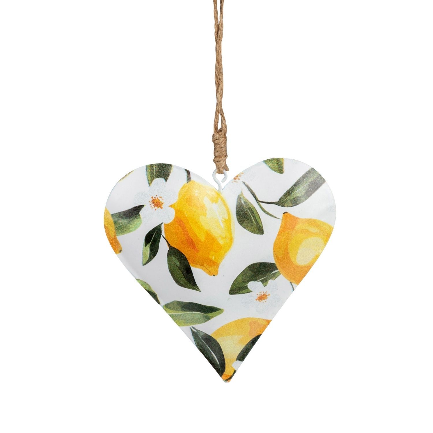 Herz aus Metall mit Zitronen- und Blattmuster, an einer Schnur aufgehängt